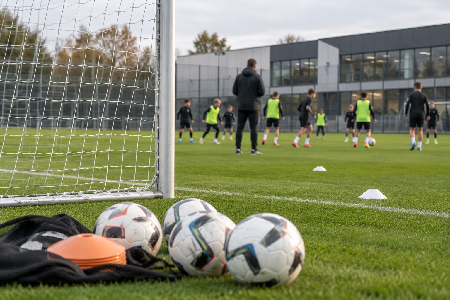 Trainingsbälle liegen neben einem Fußballtor.