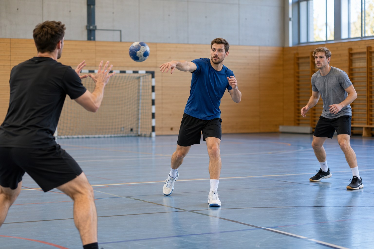 Handballspieler üben Pässe in einer Sporthalle.