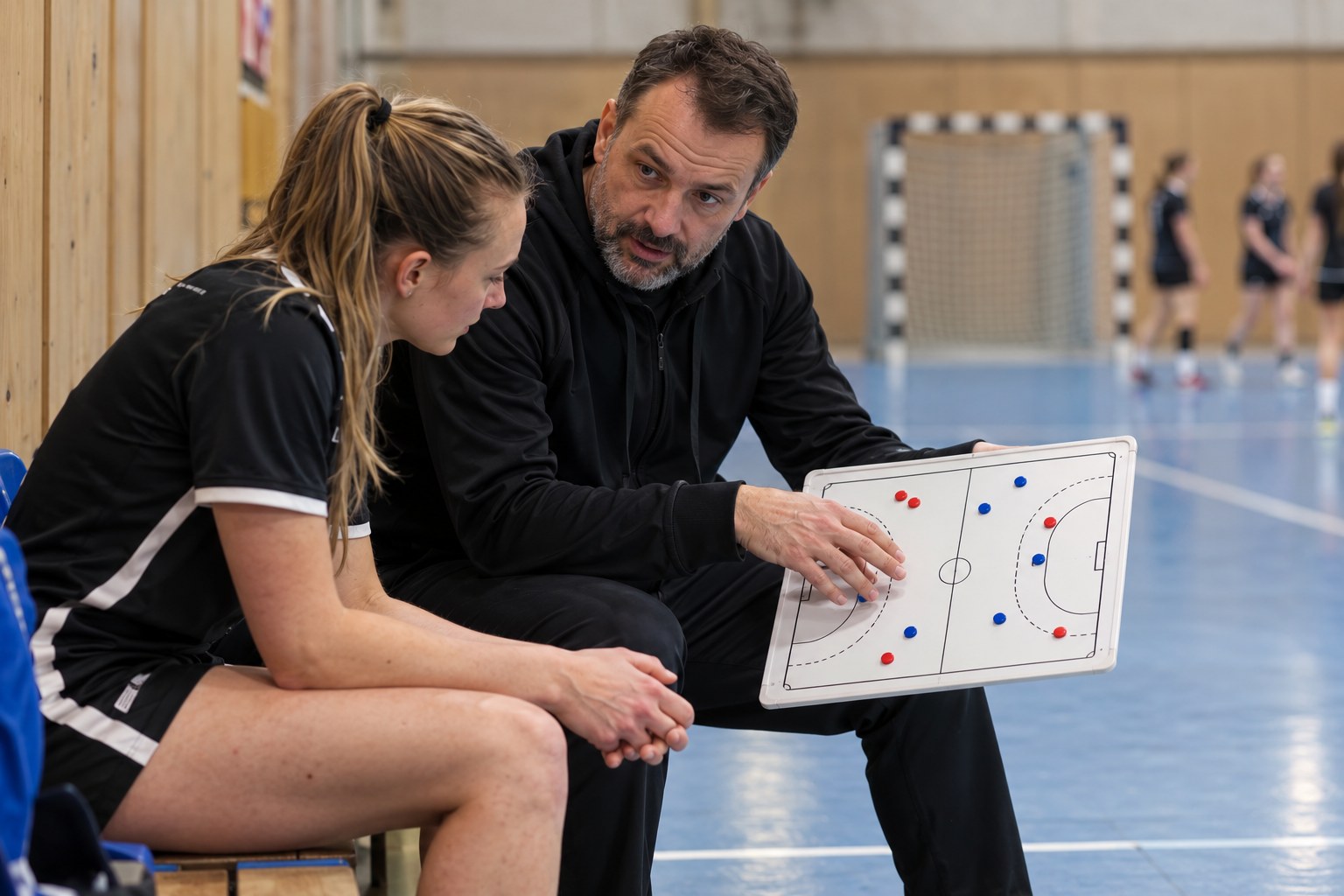 Trainer und Spielerin besprechen eine Taktiktafel.
