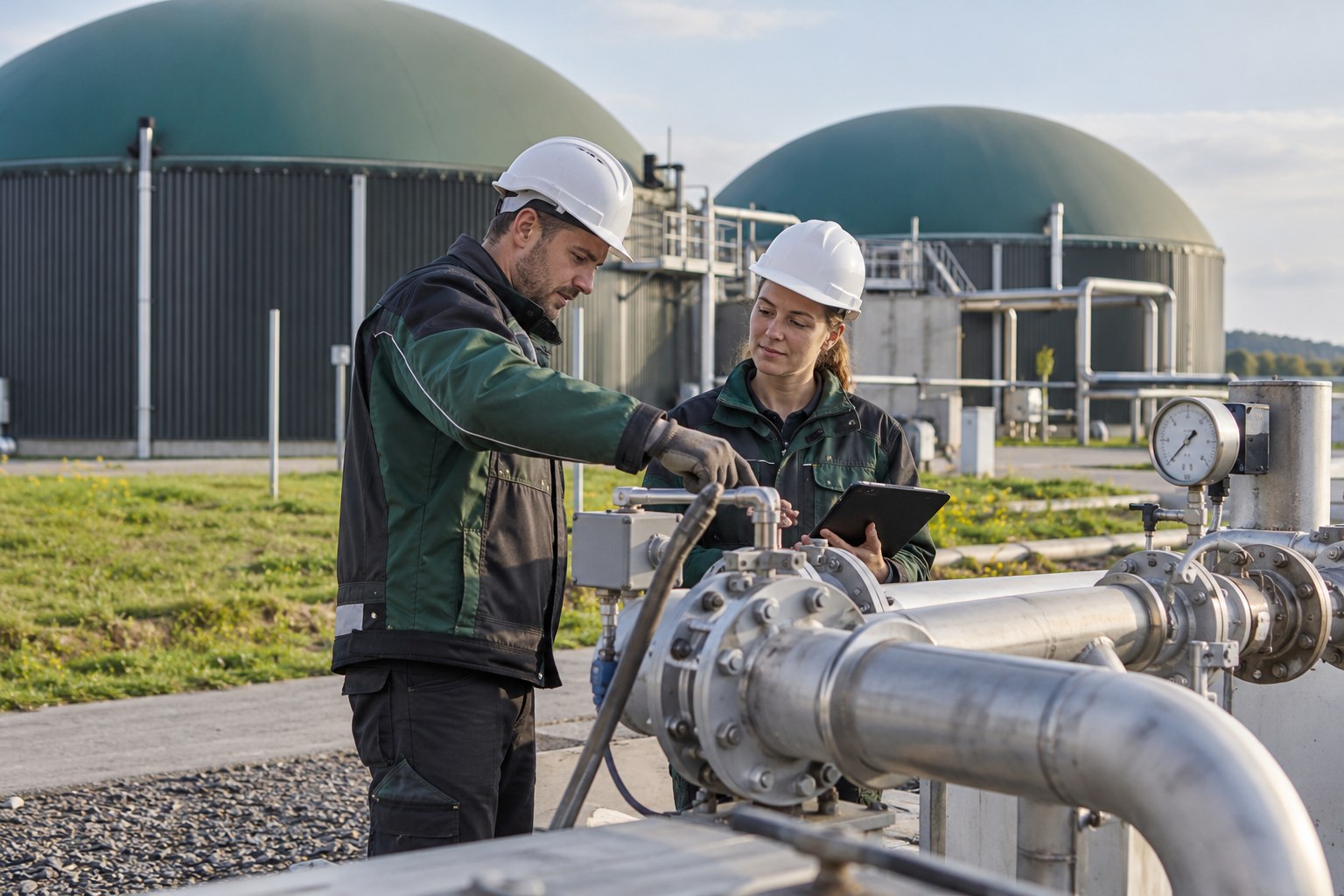 Zwei Mitarbeitende kontrollieren eine Rohrleitung vor Gasspeichern.