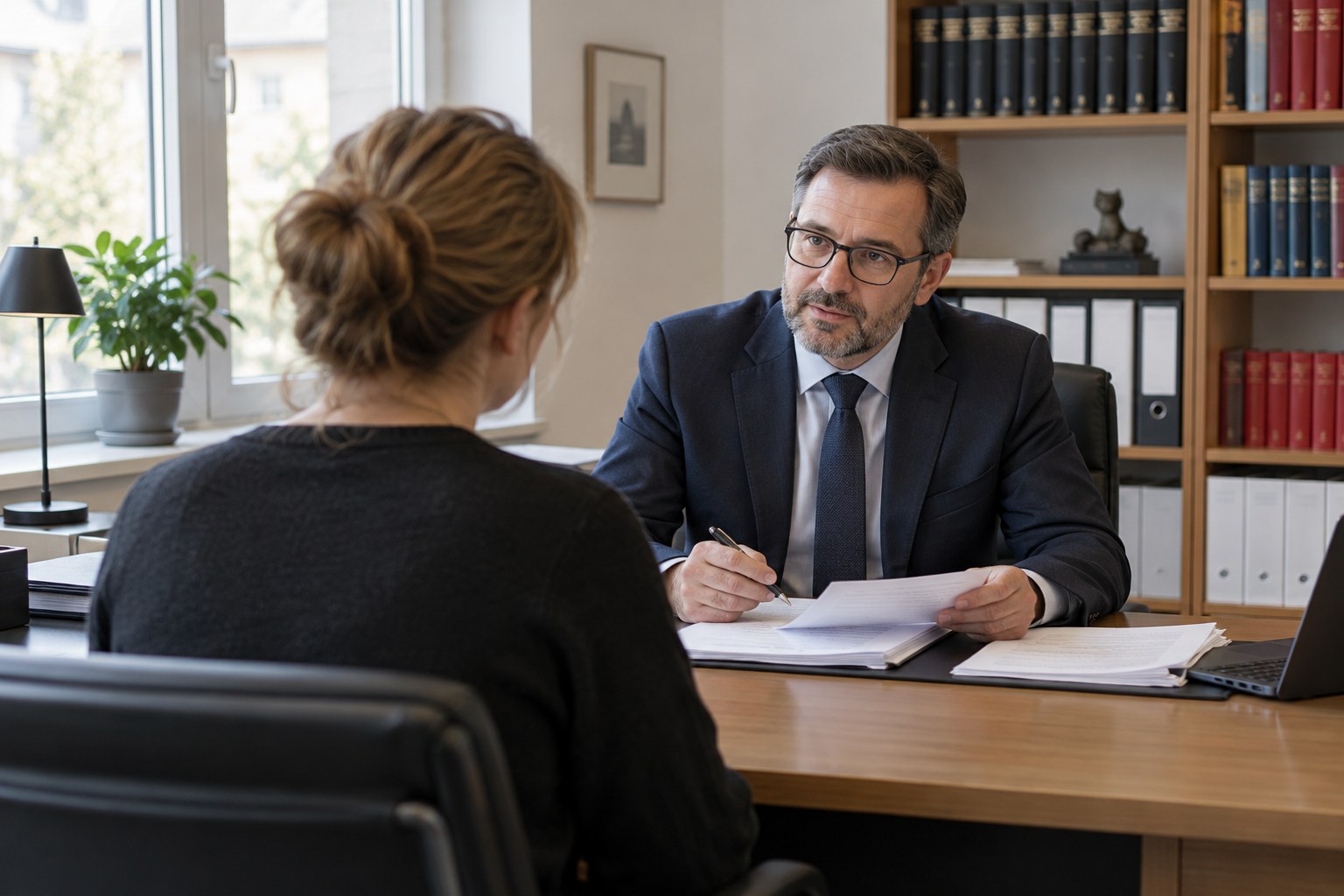 Beratungsgespräch an einem Schreibtisch.