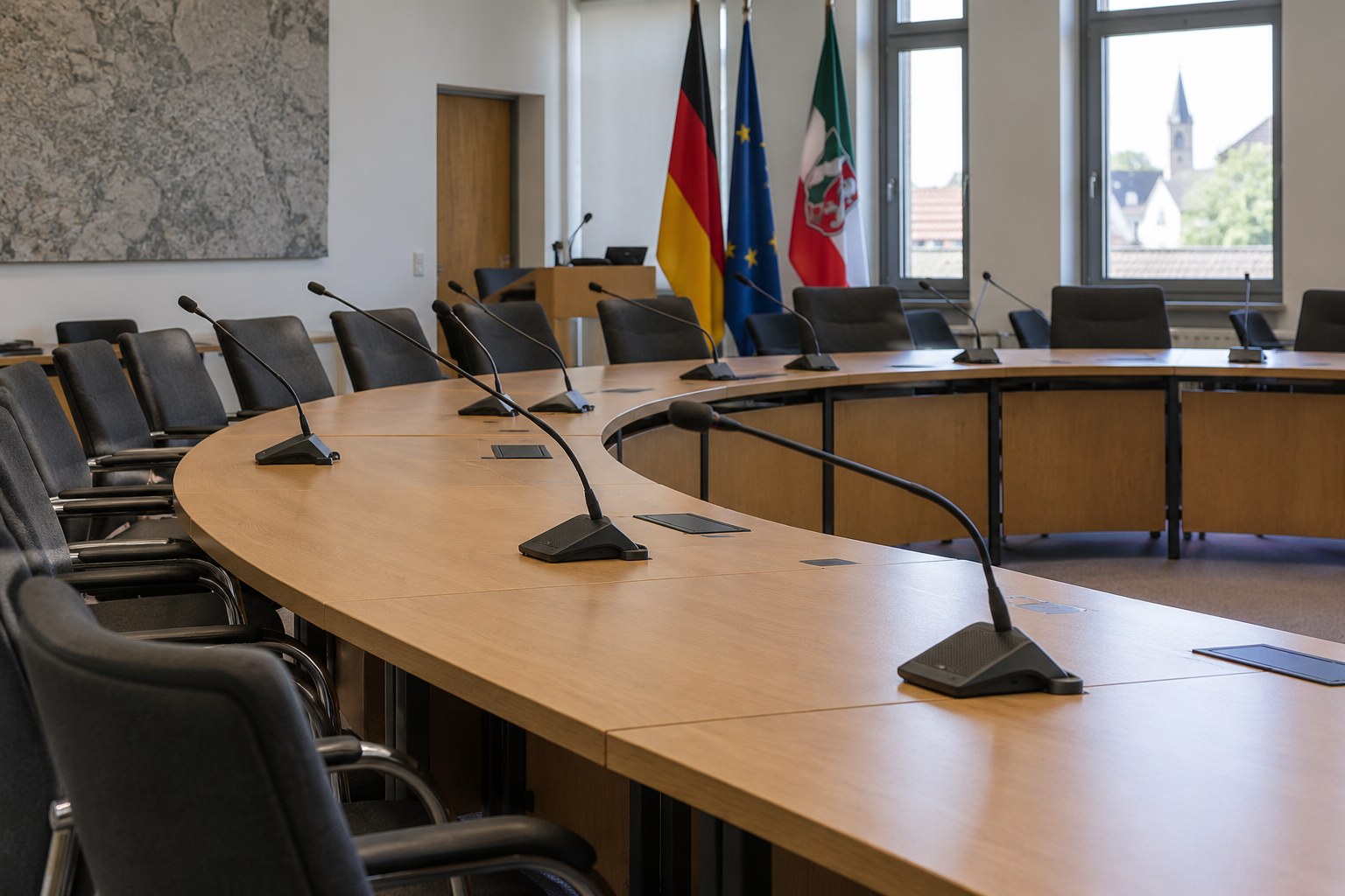 Leere Sitzplätze und Mikrofone in einem Ratssaal.