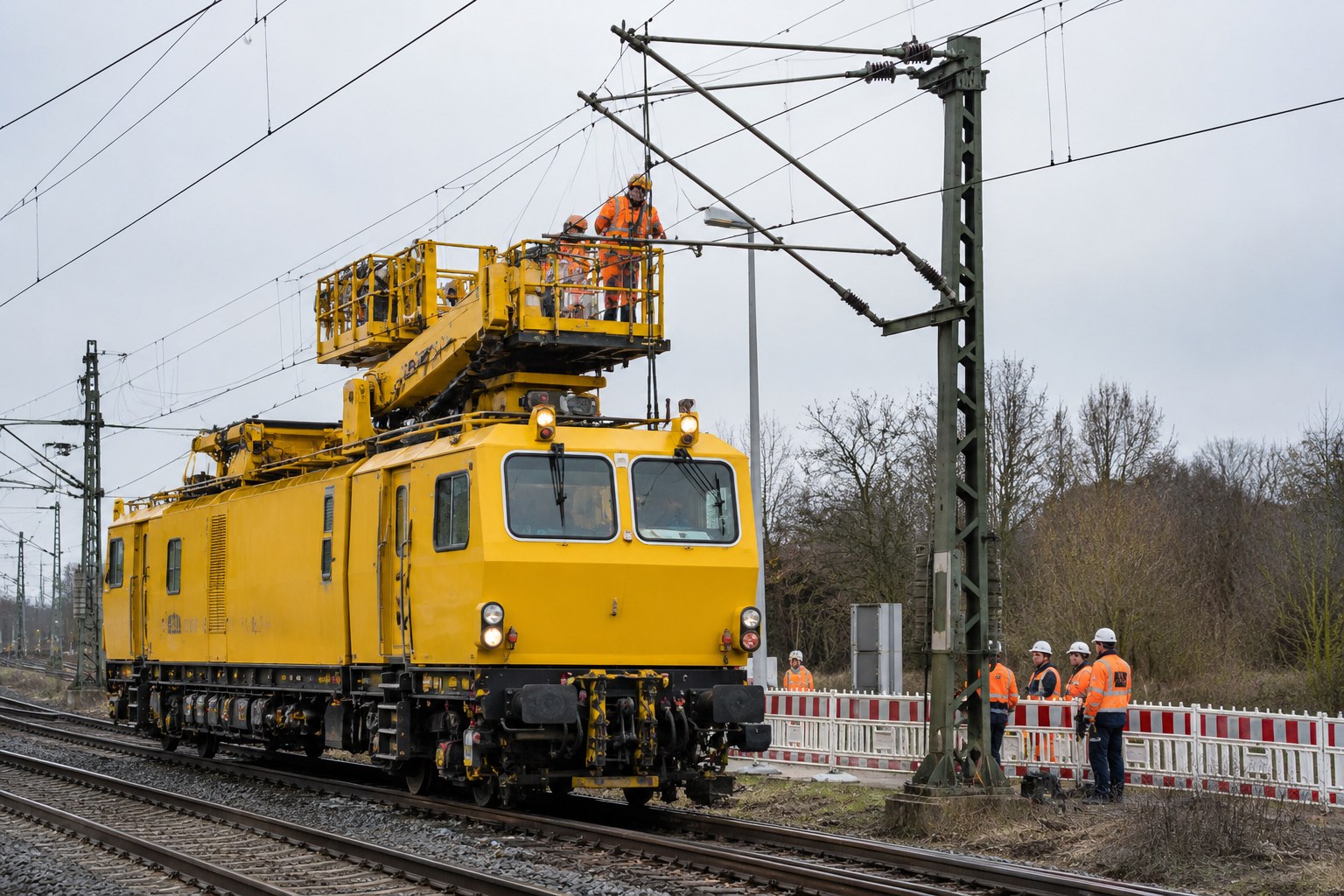 Fahrzeug und gesicherter Arbeitsbereich zur Bahninstandhaltung.