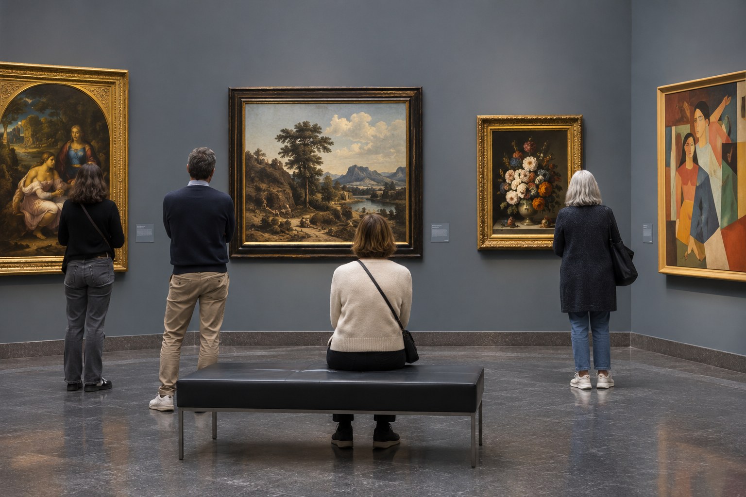 Besucher betrachten Gemälde in einem Museum.