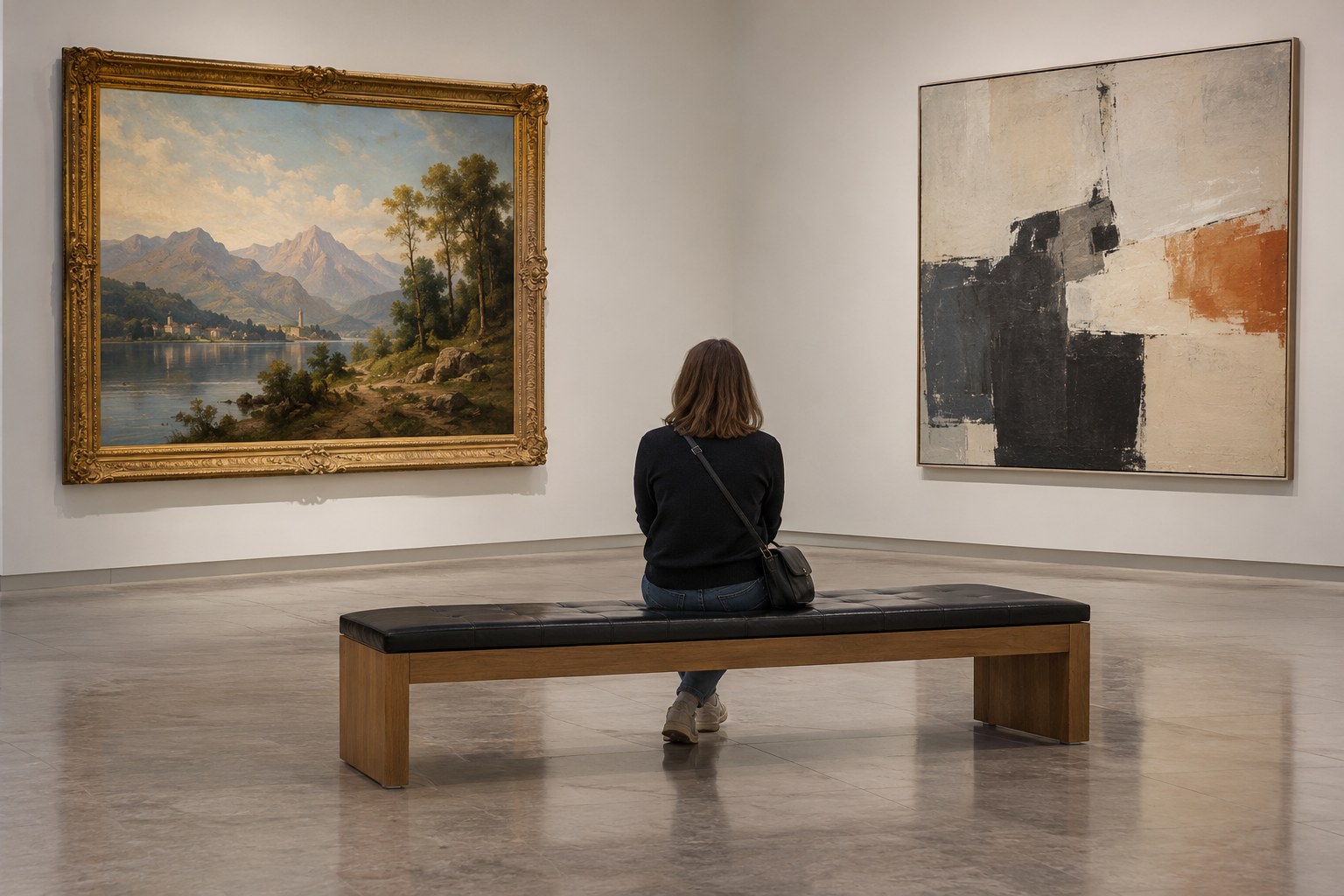 Traditionelle und moderne Malerei in einem Ausstellungsraum.