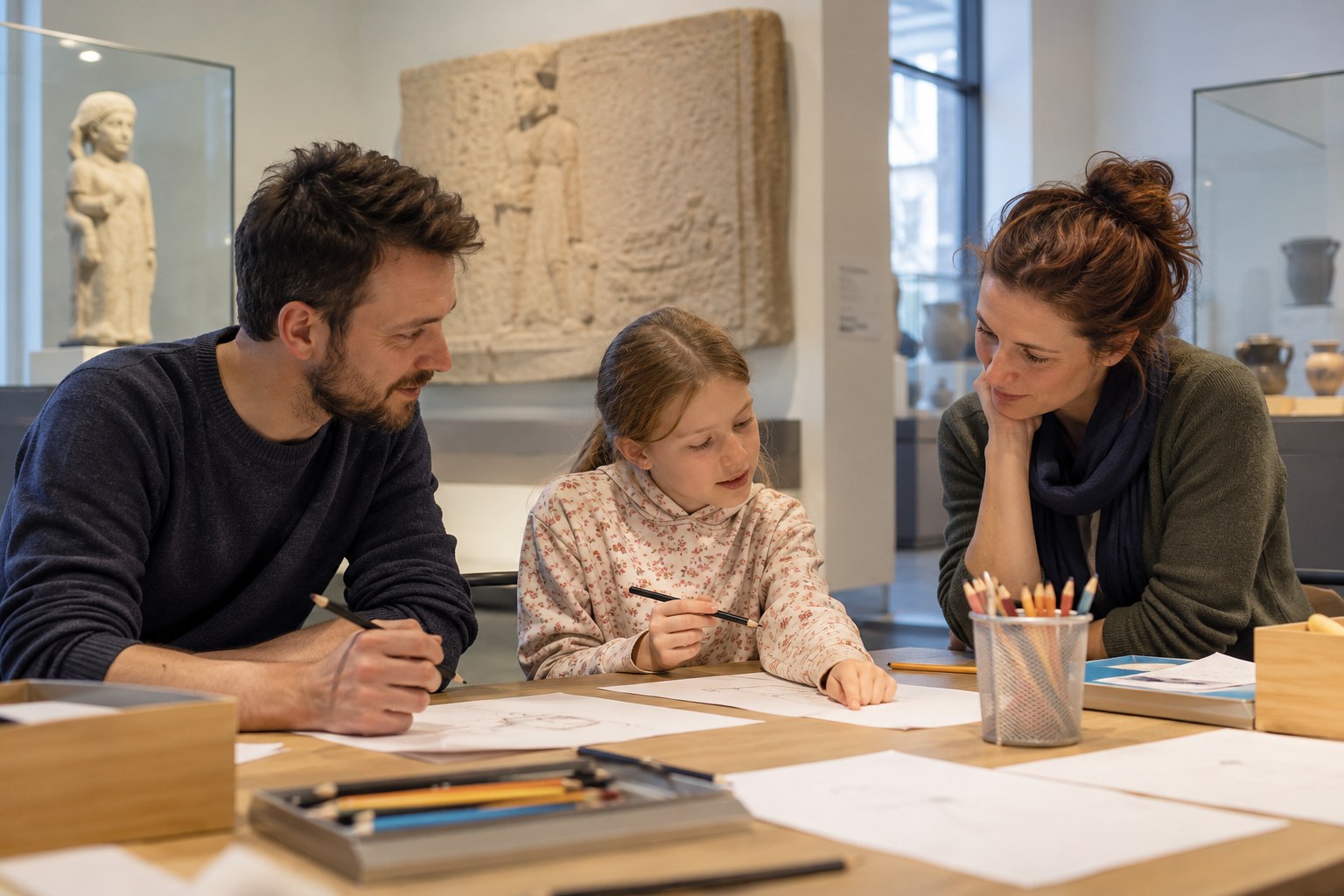 Familie an einem Mitmachtisch im Museum.