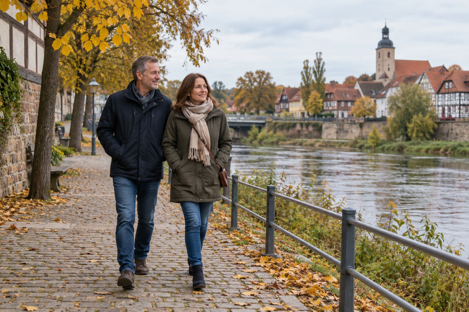 Spaziergang an einem Fluss in einer mitteldeutschen Kleinstadt.