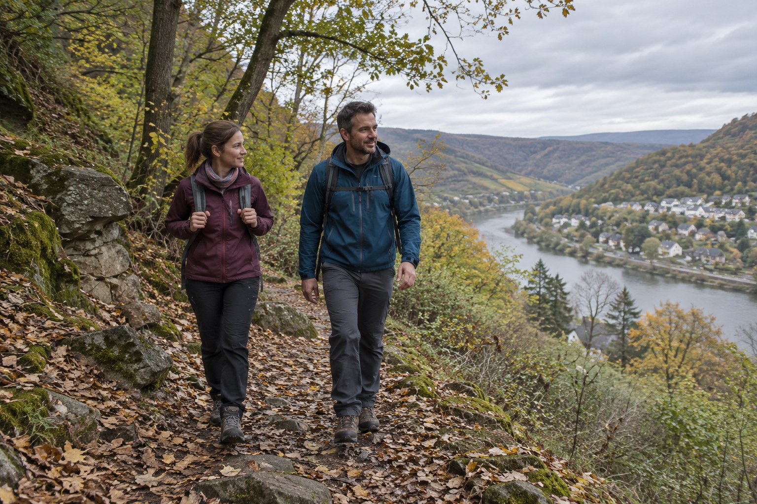 Wandernde auf einem bewaldeten Mittelgebirgsweg.