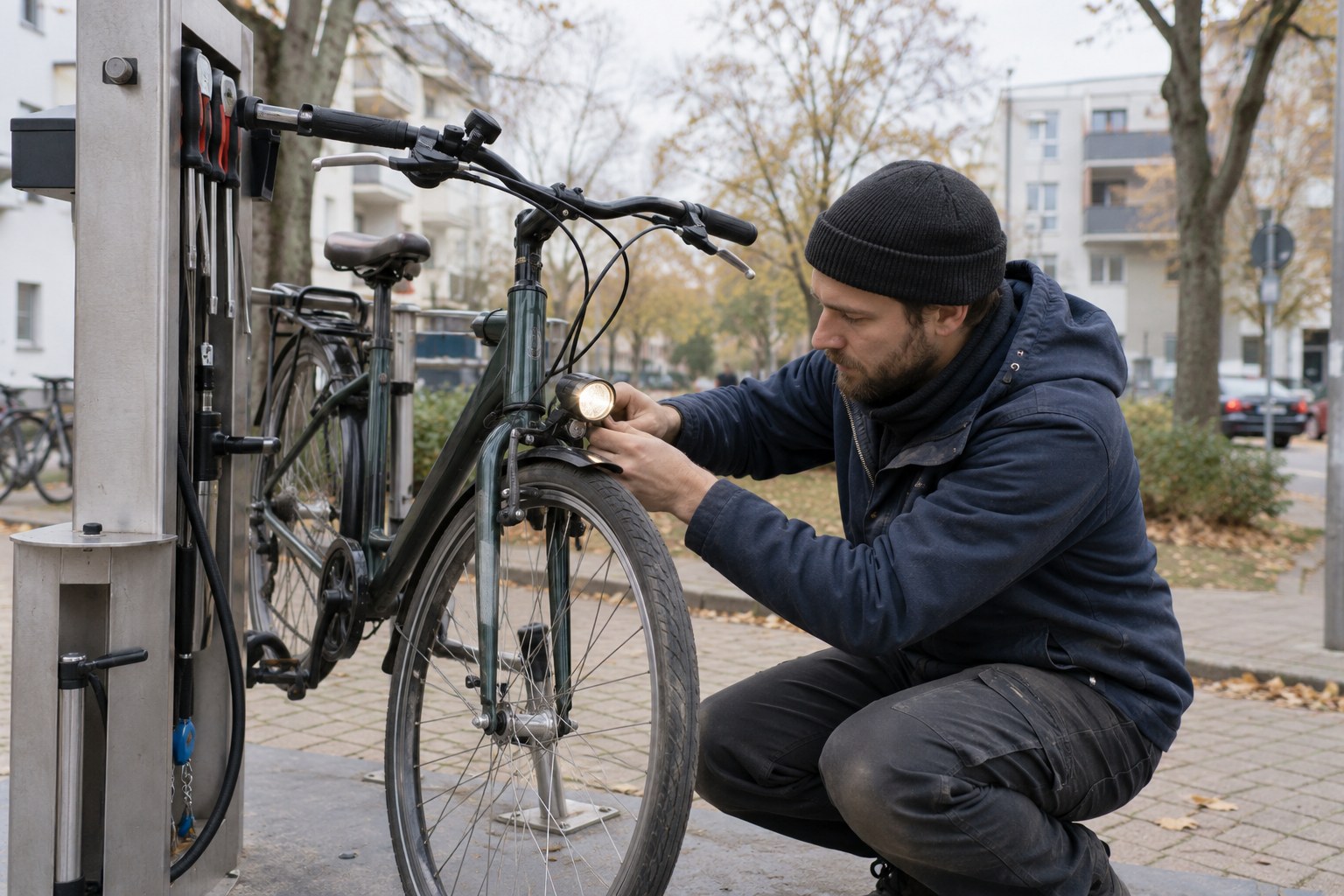 Ein Mechaniker kontrolliert das Licht eines Fahrrads.