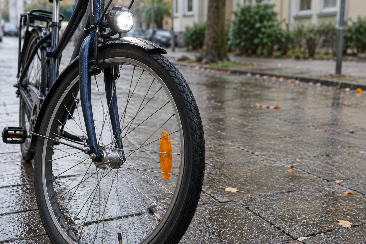 Vorderrad mit Reflektor und eingeschaltetem Fahrradlicht.