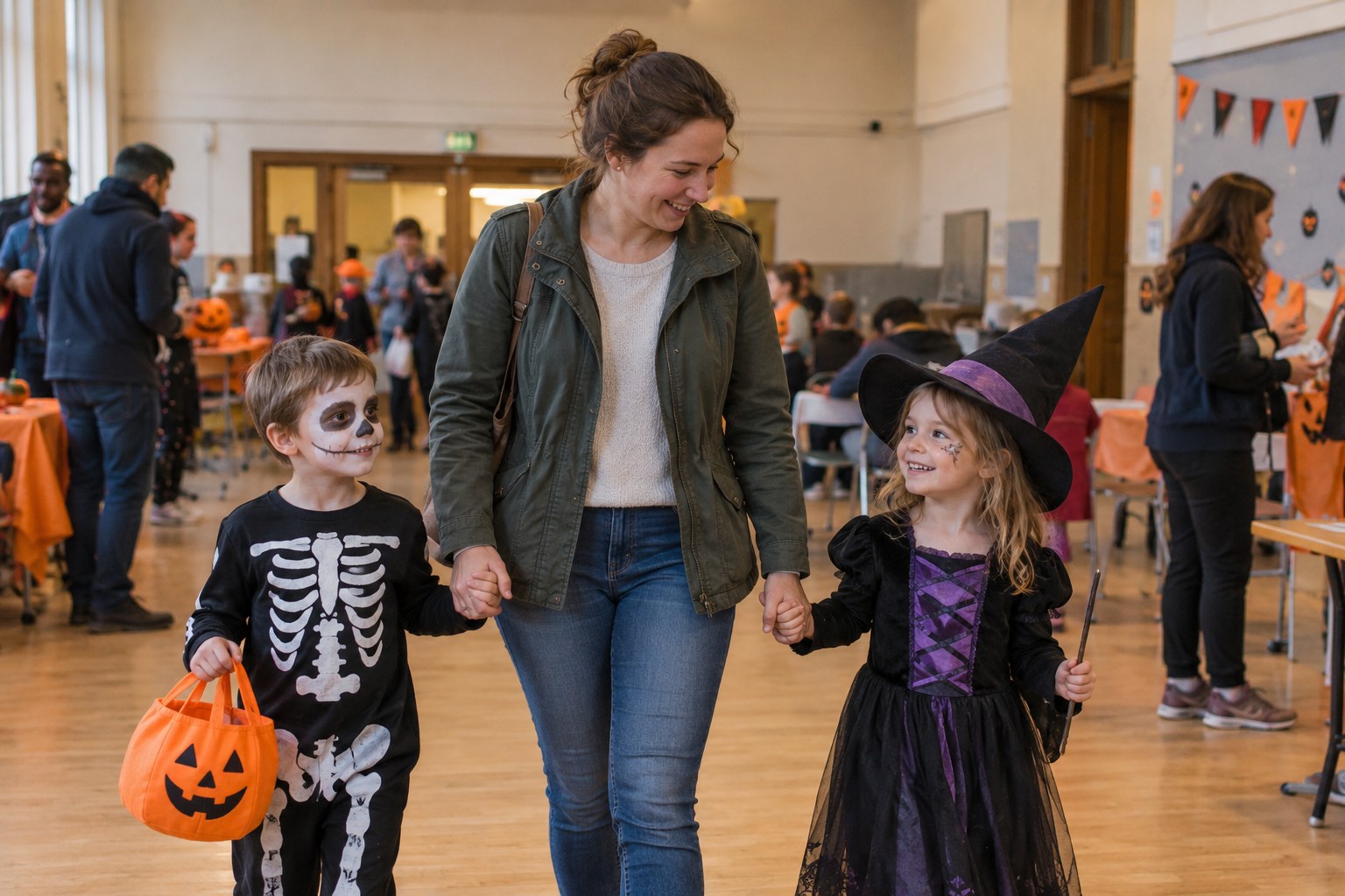Familie in einfachen Halloweenkostümen.
