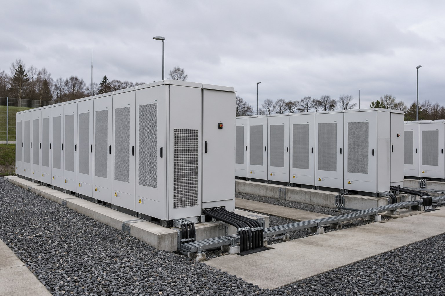 Stationäre Batteriespeicher auf einem Betriebsgelände.