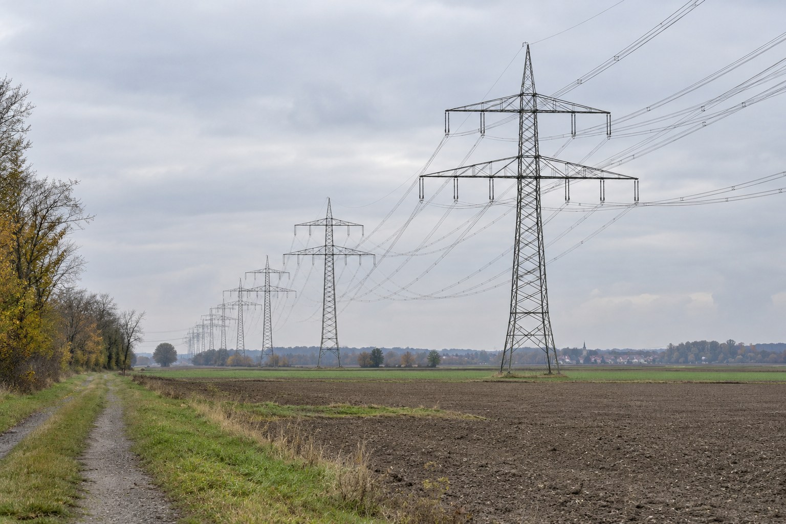 Hochspannungsmasten auf einer Freileitungstrasse.