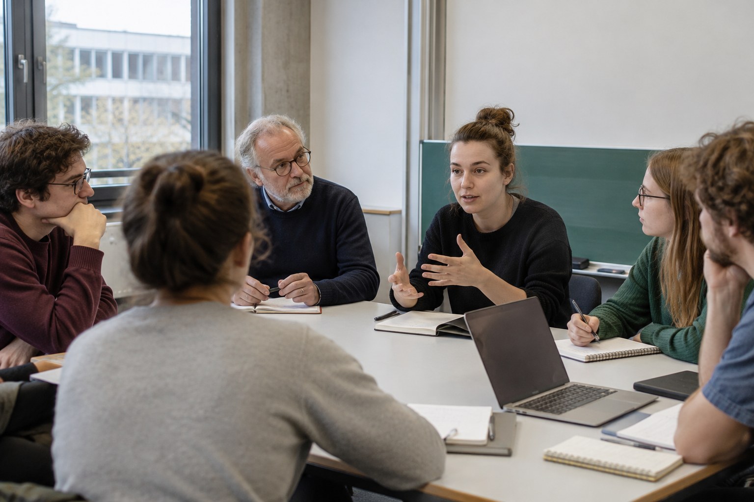 Teilnehmende an einer universitären Diskussionsrunde.