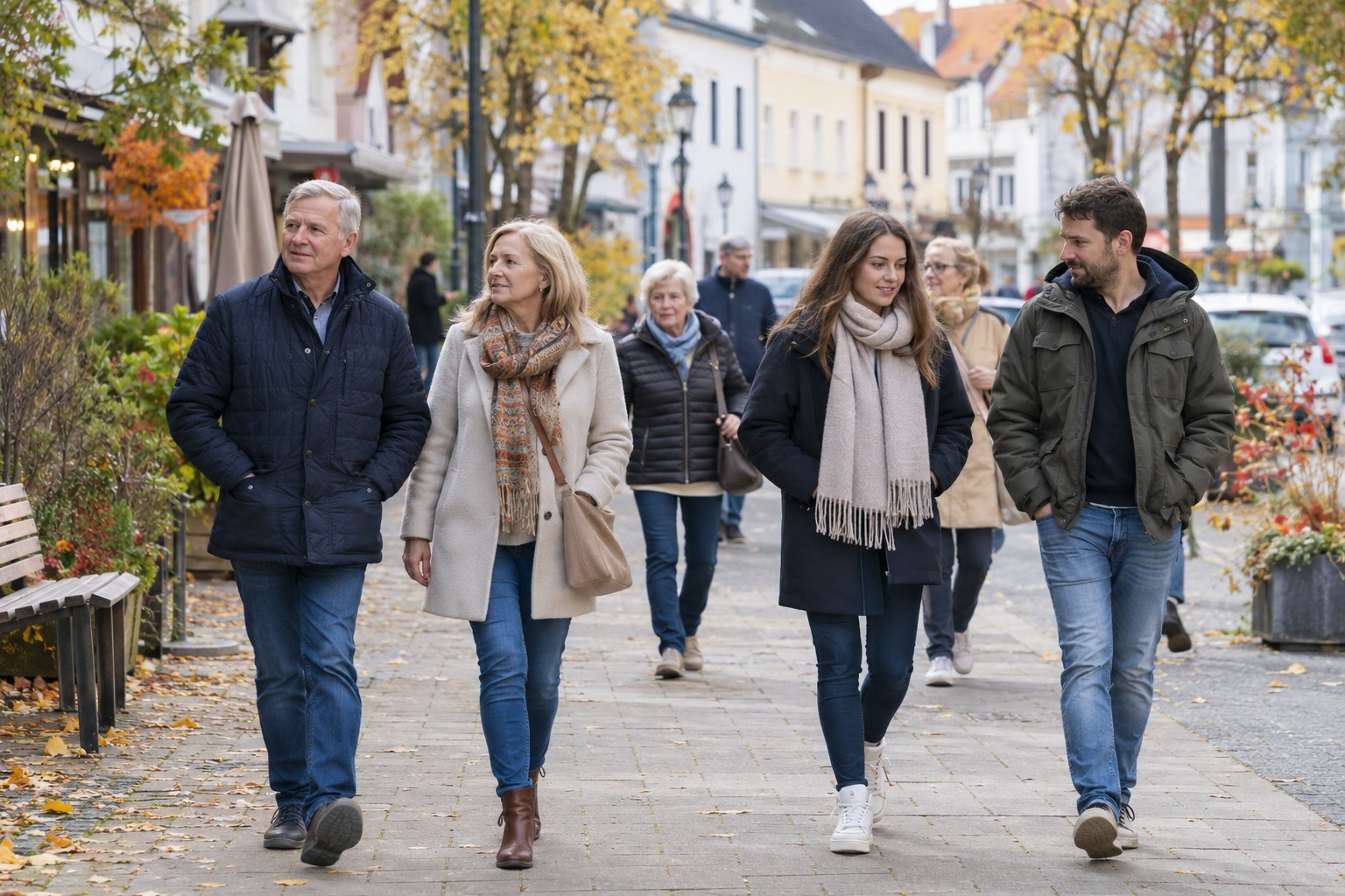 Menschen unterschiedlicher Altersgruppen auf einer Kleinstadtstraße.