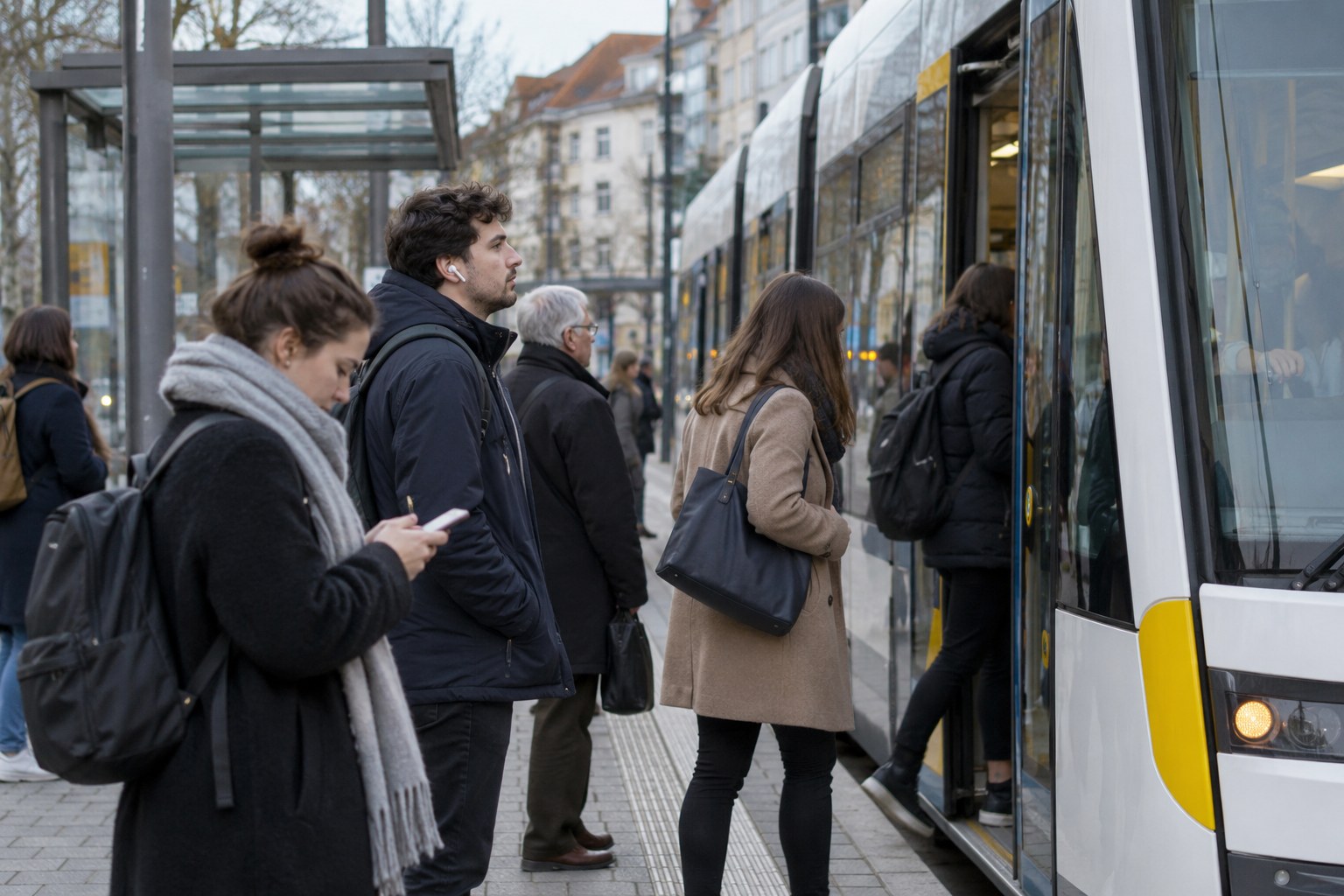 Wartende an einer städtischen Straßenbahnhaltestelle.
