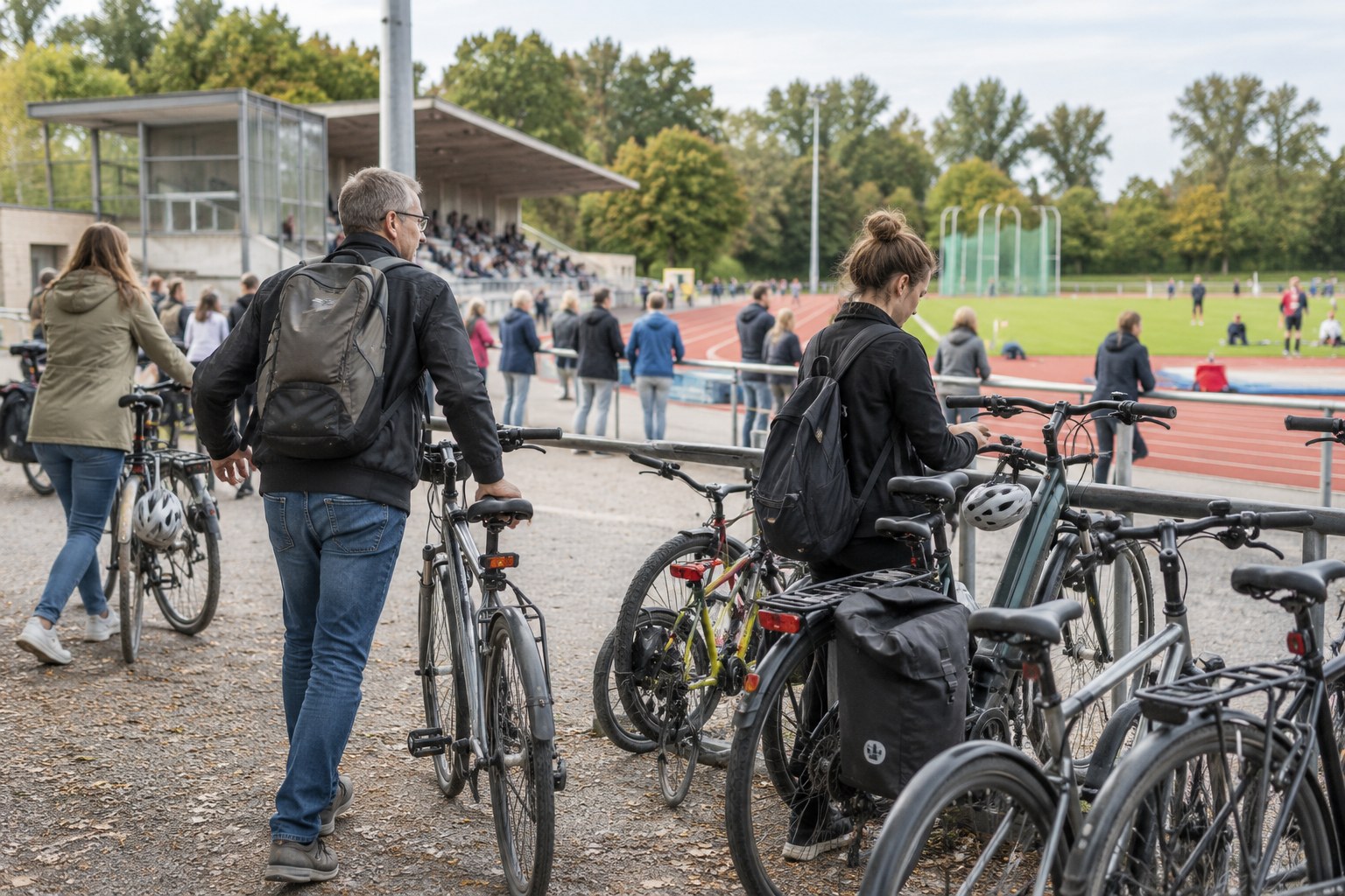 Menschen kommen mit Fahrrädern zu einem Sportplatz.