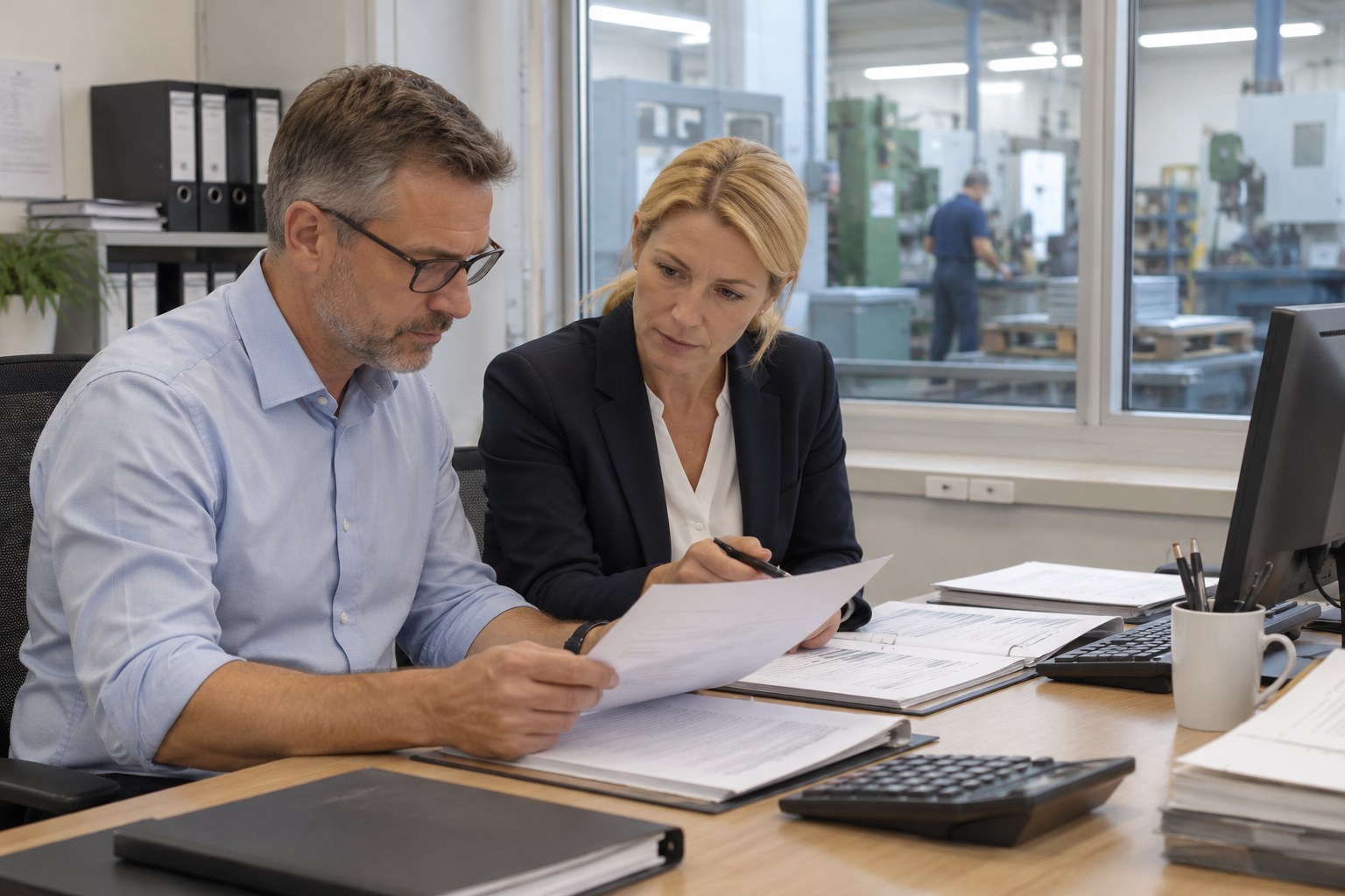 Finanzverantwortliche prüfen Unterlagen in einem Betrieb.