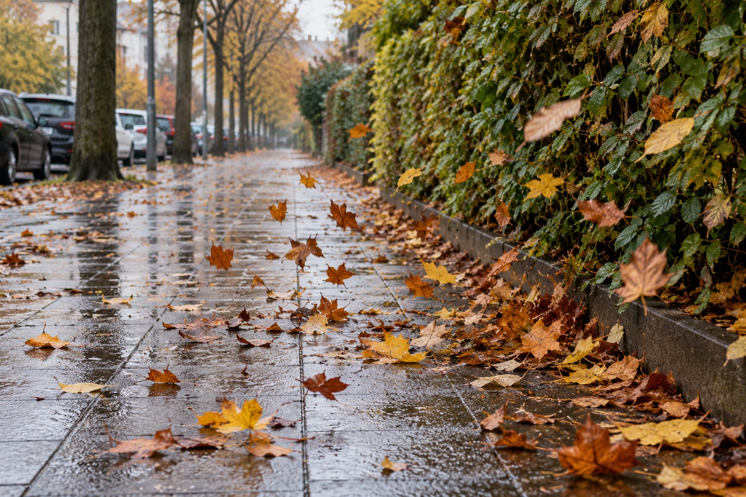 Herbstlaub auf einem nassen Gehweg.