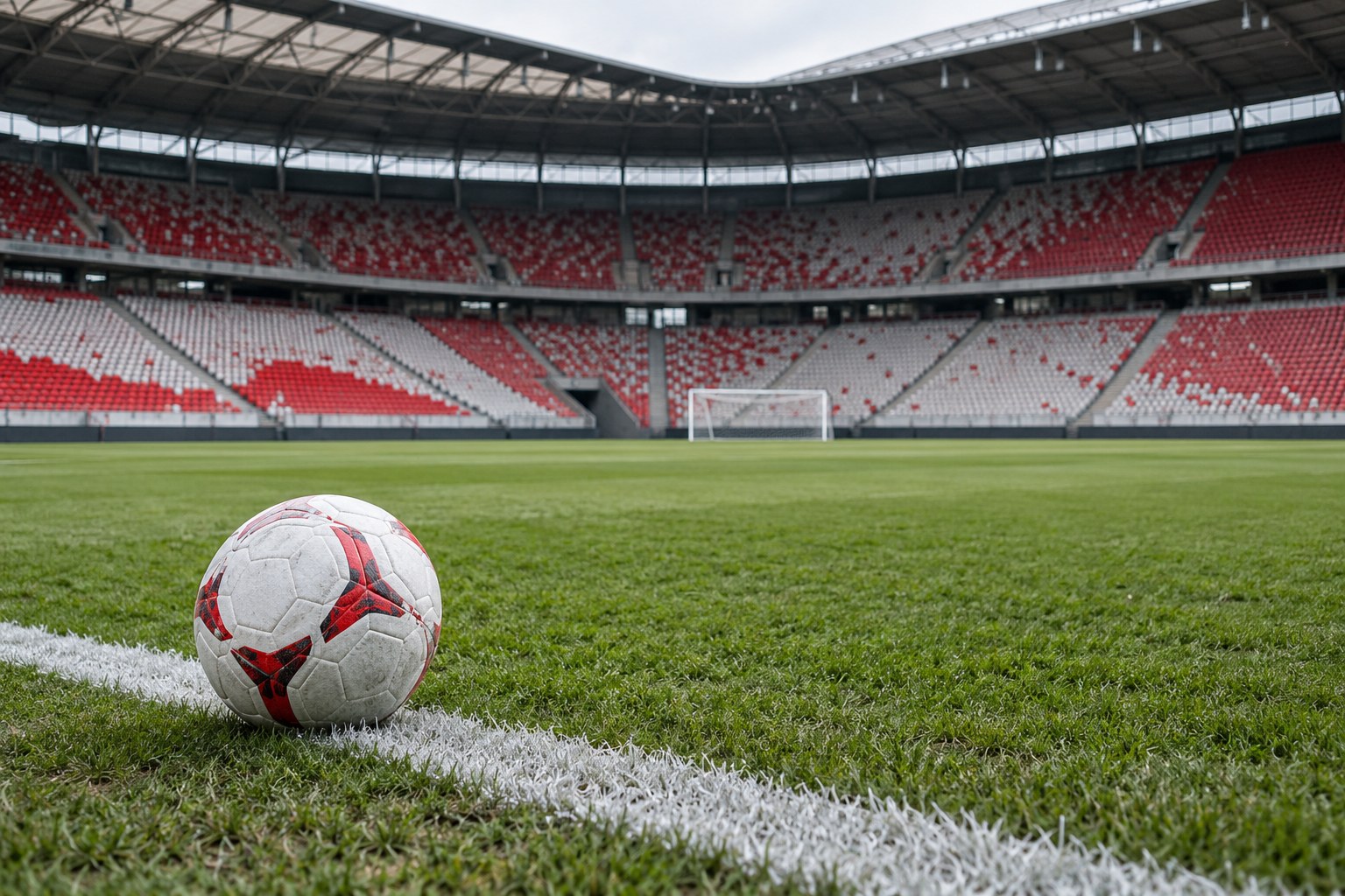 Fußball an der Seitenlinie eines leeren Stadions.
