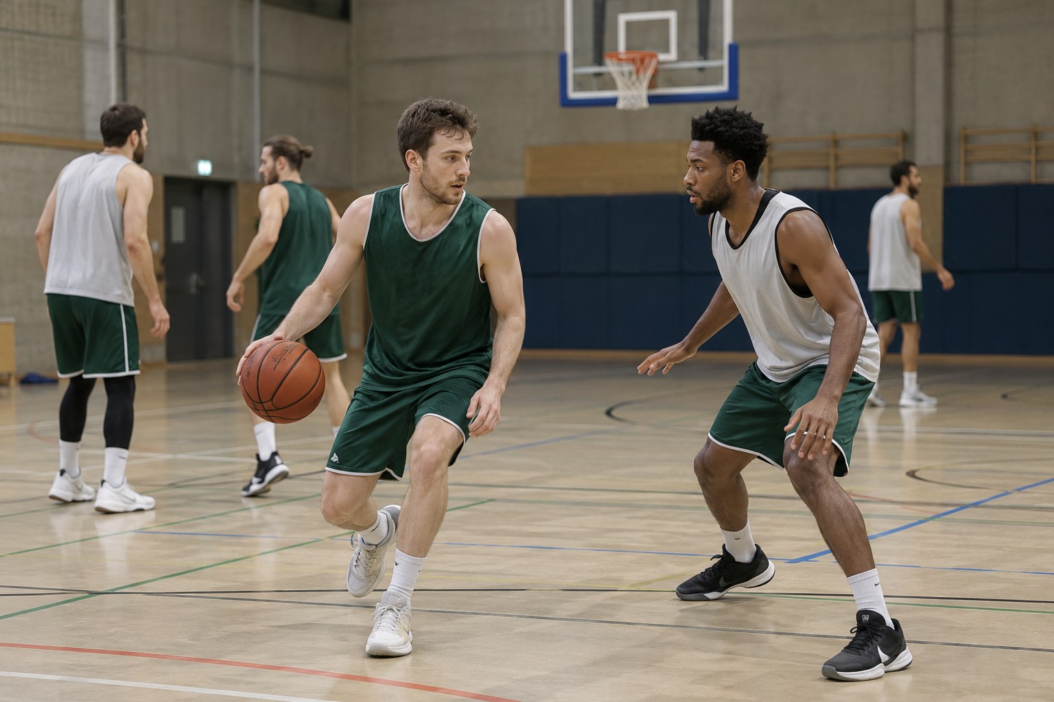 Basketballtraining in einer Sporthalle.