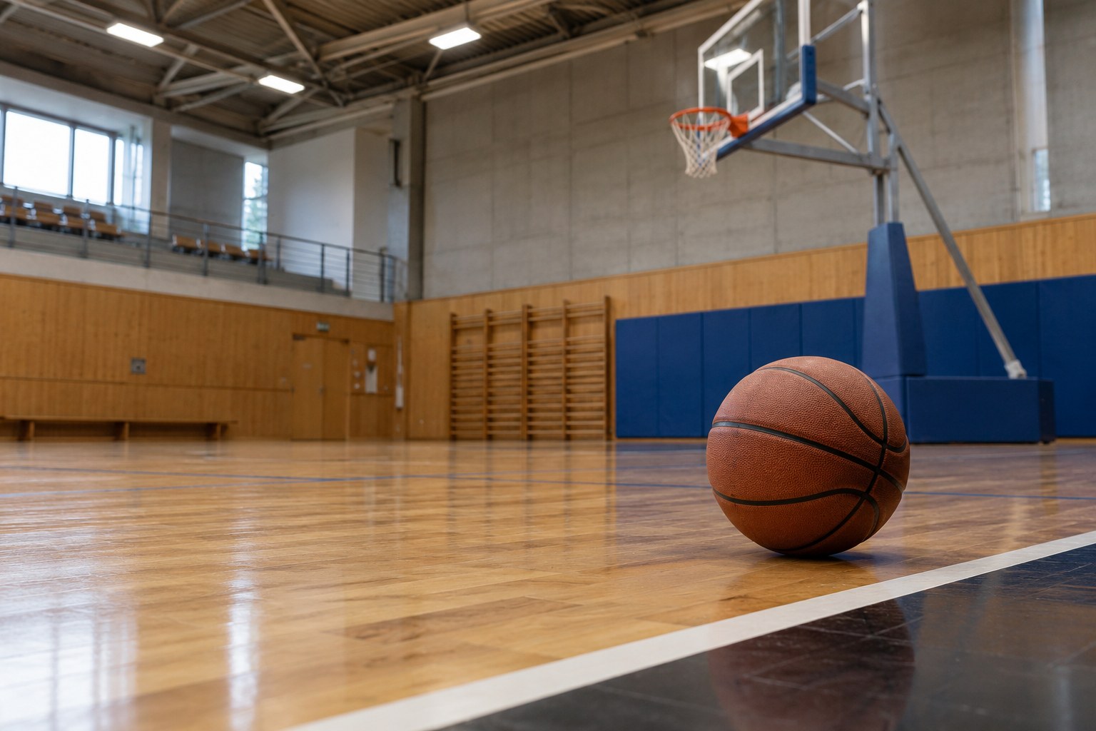 Basketball neben der Grundlinie eines Hallenspielfelds.
