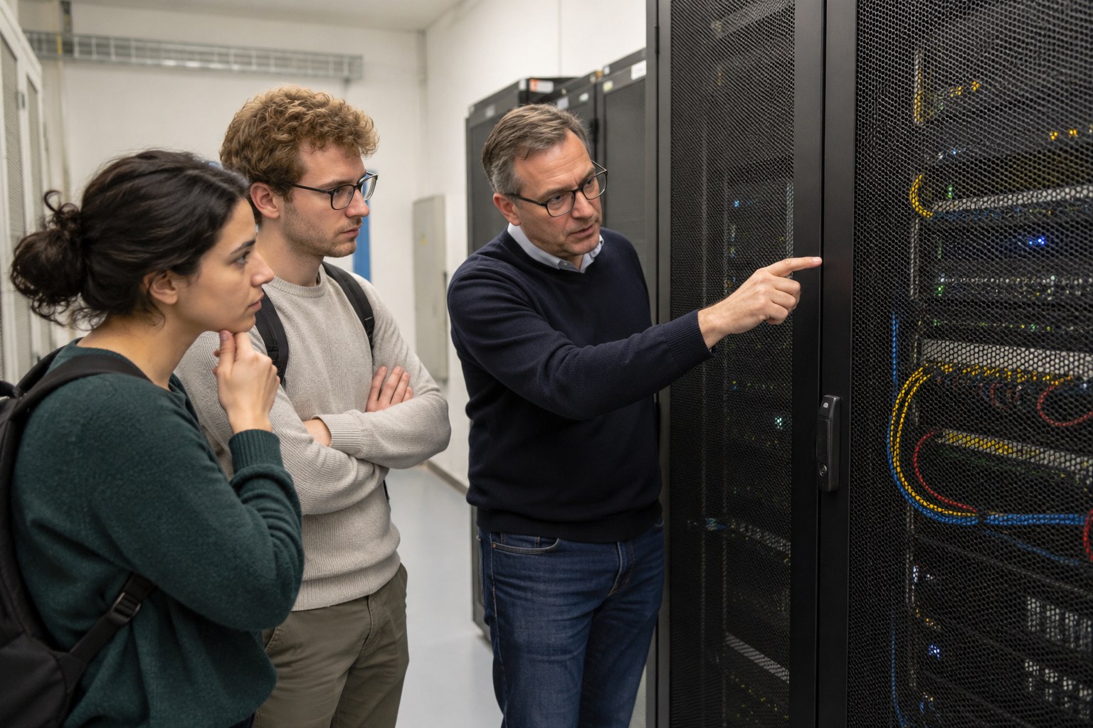 Studierende und Lehrperson vor einem Serverrack.