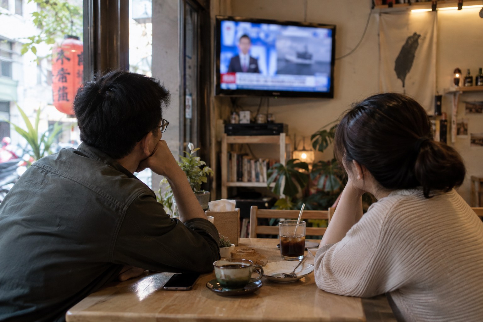 Zwei Besucher verfolgen Nachrichten auf einem Bildschirm in einem Café.