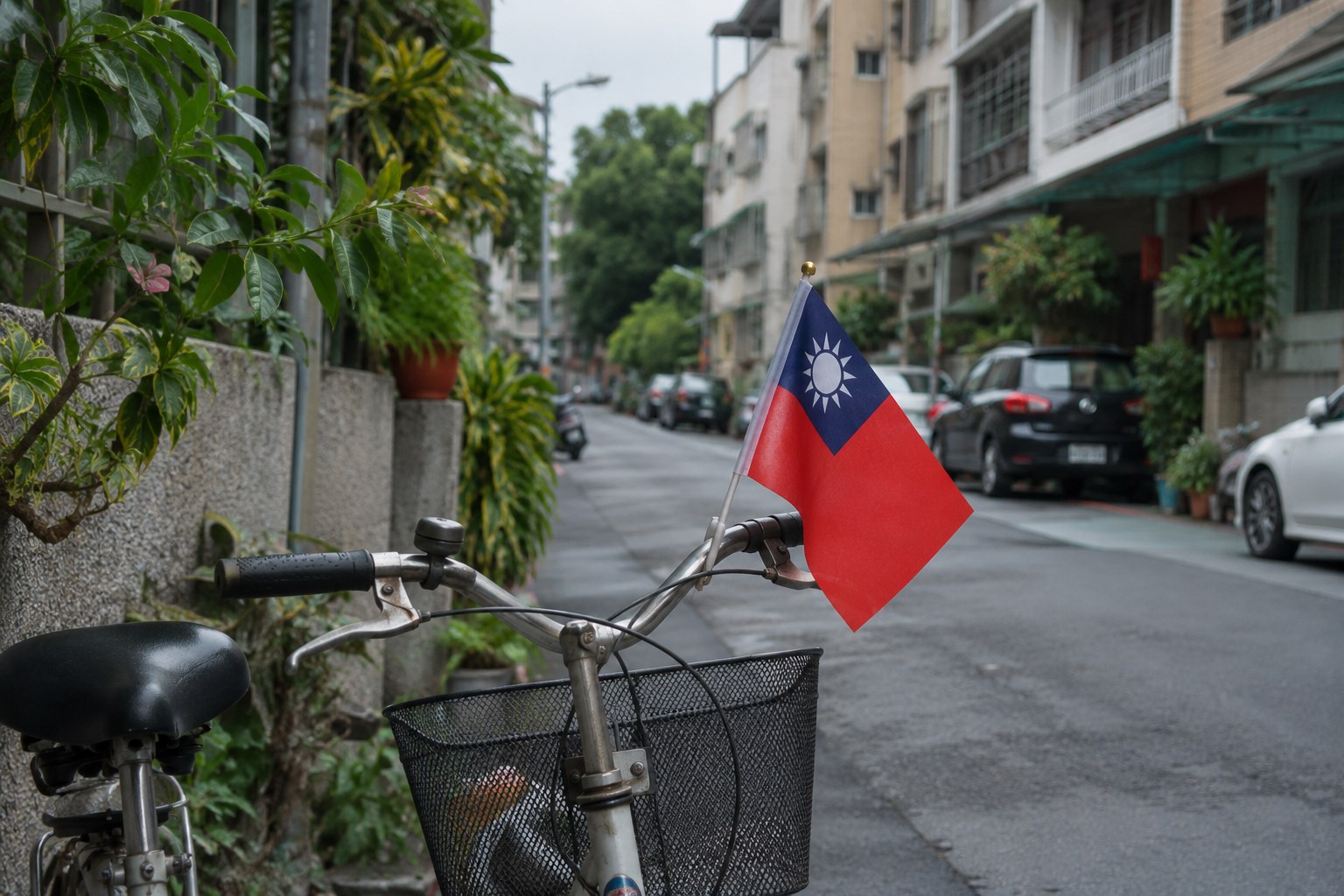 Eine Taiwanflagge ist am Lenker eines Fahrrads befestigt.