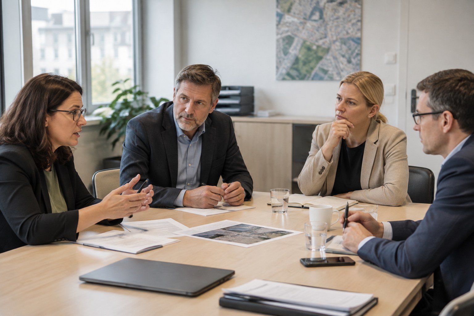 Gesprächspartner beraten an einem Tisch mit Unterlagen.