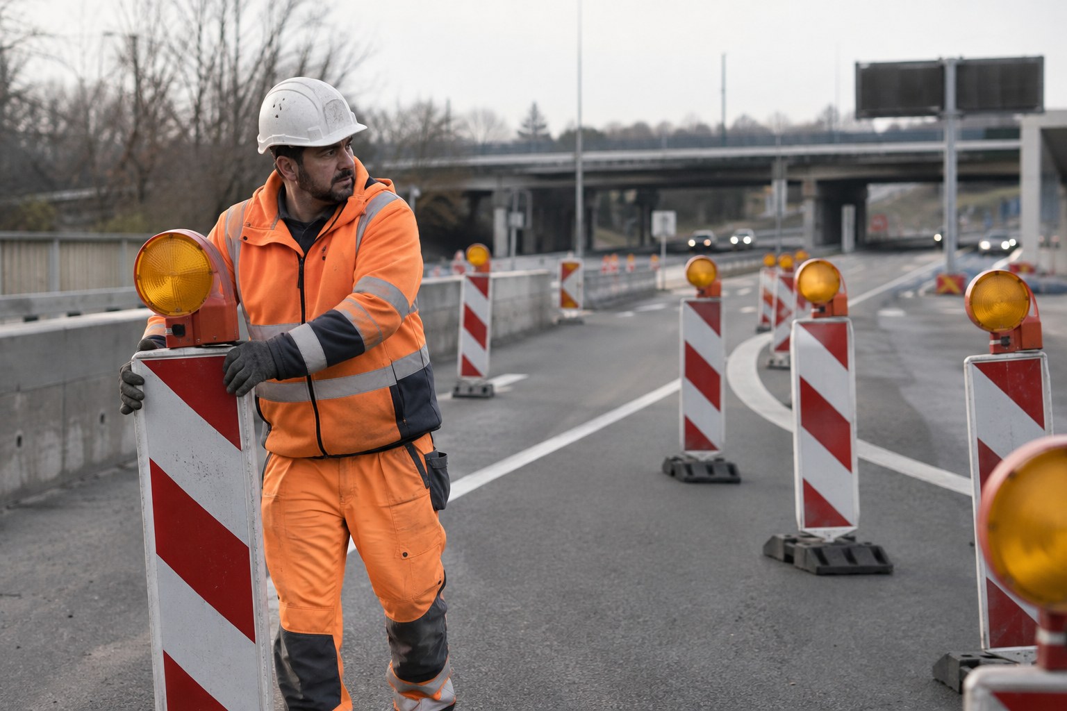 Absperrbaken sichern eine gesperrte Autobahnzufahrt.