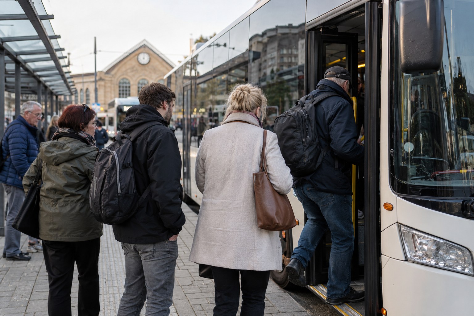 Fahrgäste steigen an einem Bahnhofsvorplatz in einen Bus.