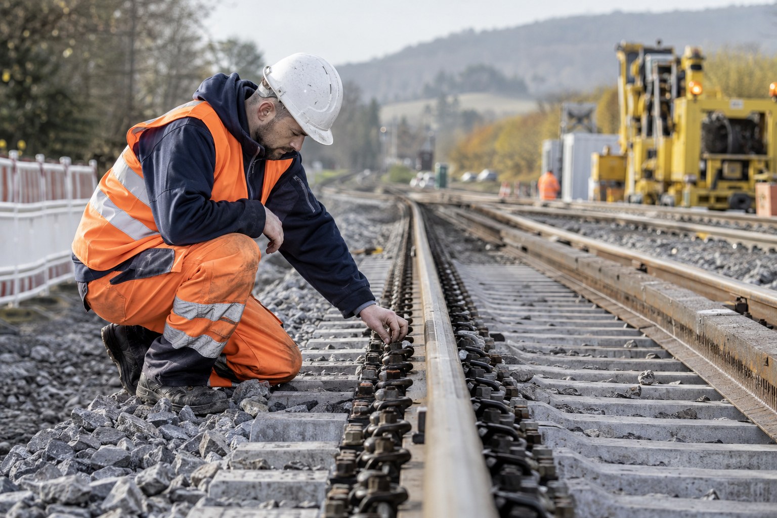 Ein Arbeiter prüft Schienen auf einem abgesperrten Gleis.