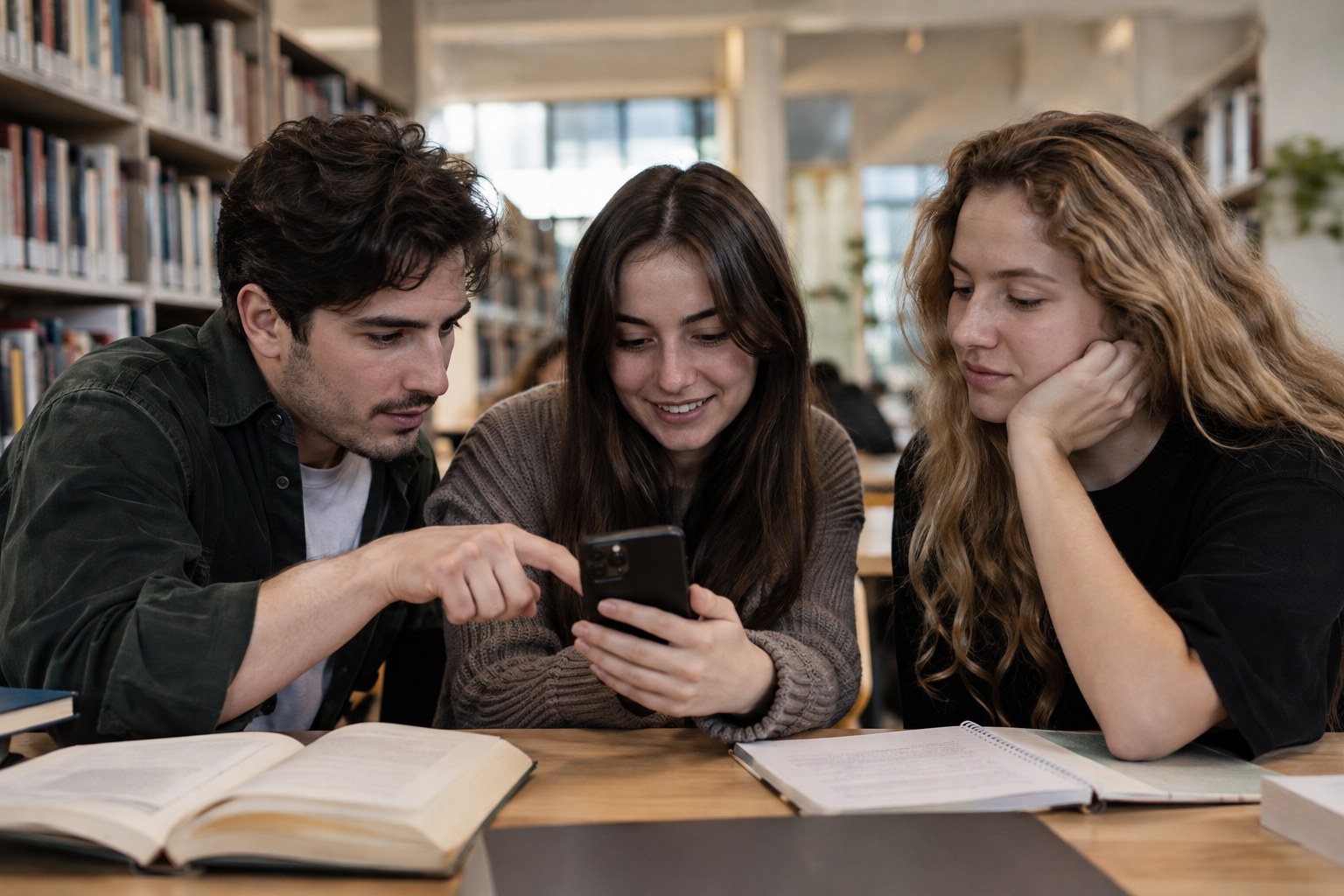 Junge Erwachsene betrachten gemeinsam ein Smartphone.