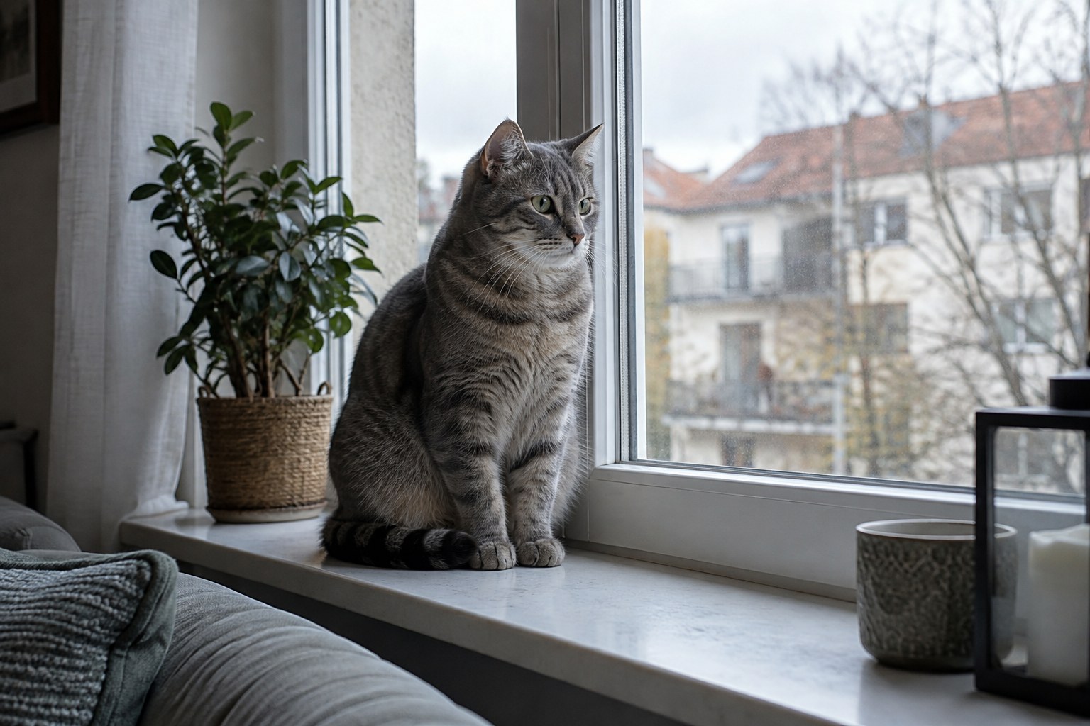 Eine getigerte Hauskatze sitzt auf einer Fensterbank.