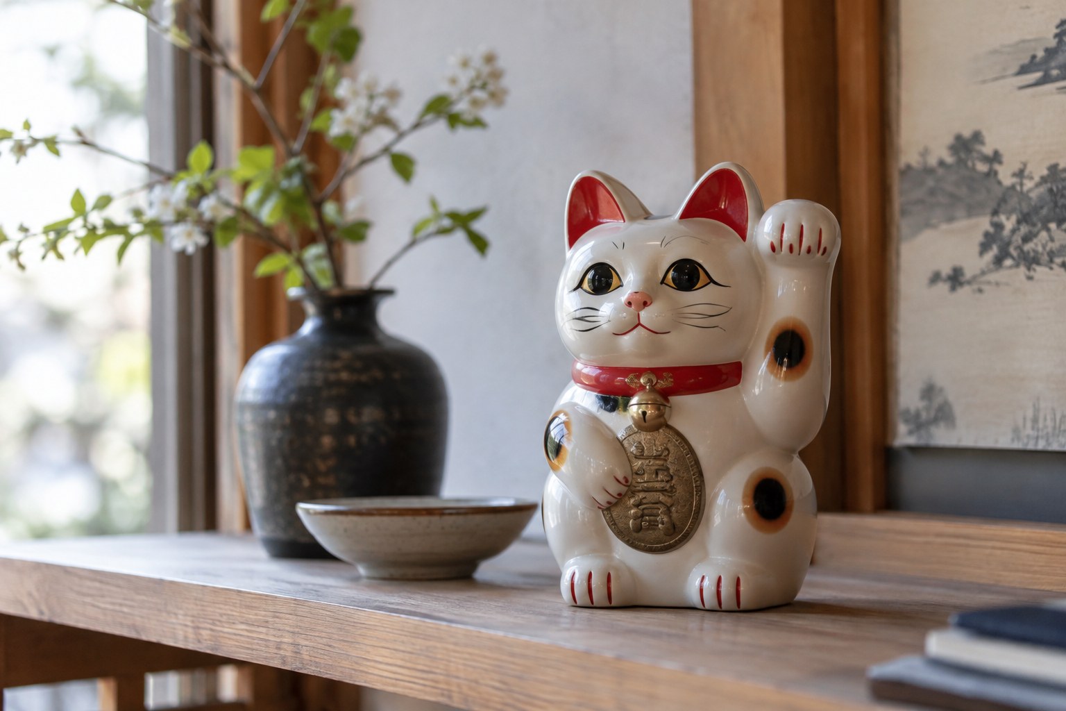 Eine japanische Winkekatzenfigur steht auf einer Holzablage.