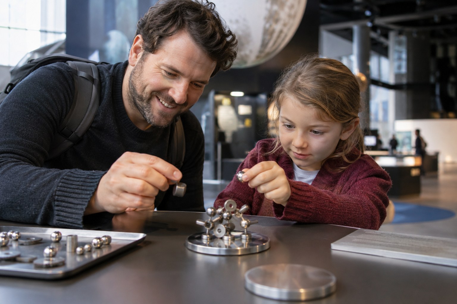 Ein Kind und ein erwachsener Begleiter experimentieren mit Magneten.