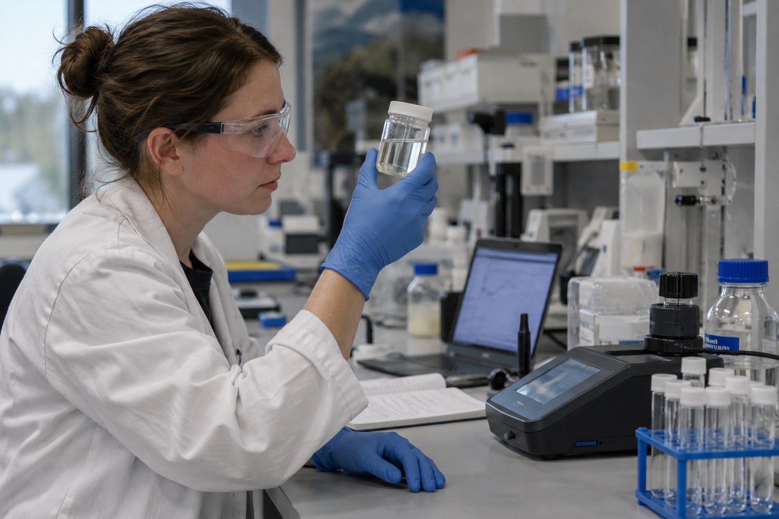 Eine Labormitarbeiterin untersucht eine Wasserprobe.