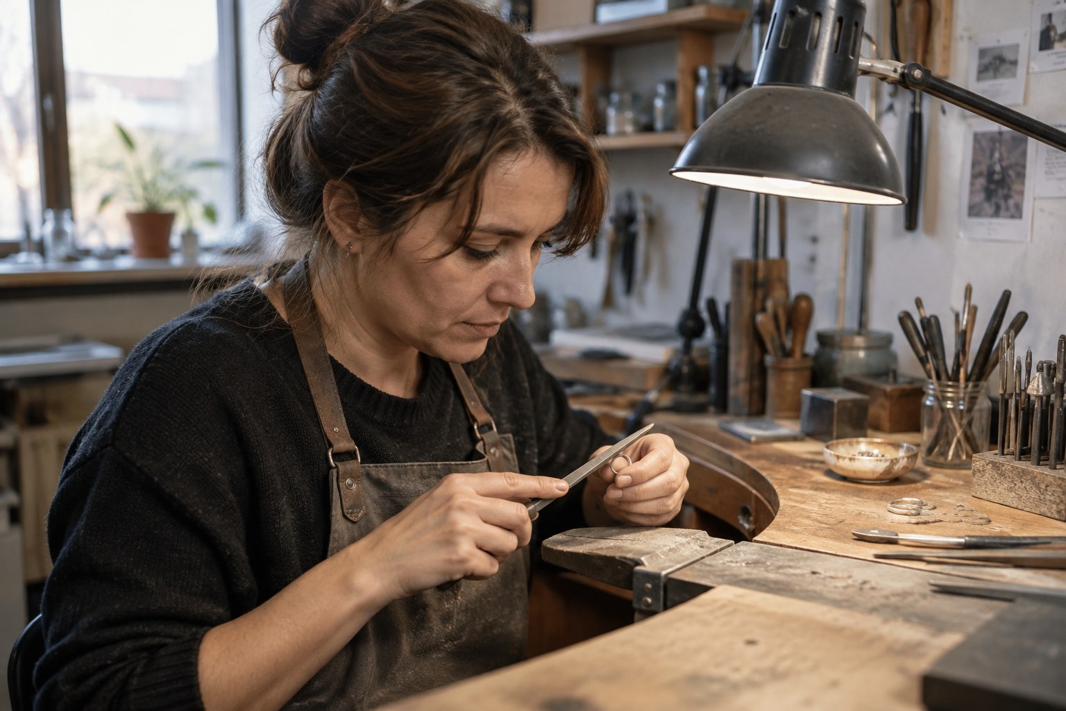Eine Handwerkerin bearbeitet ein kleines Metallstück an einer Werkbank.