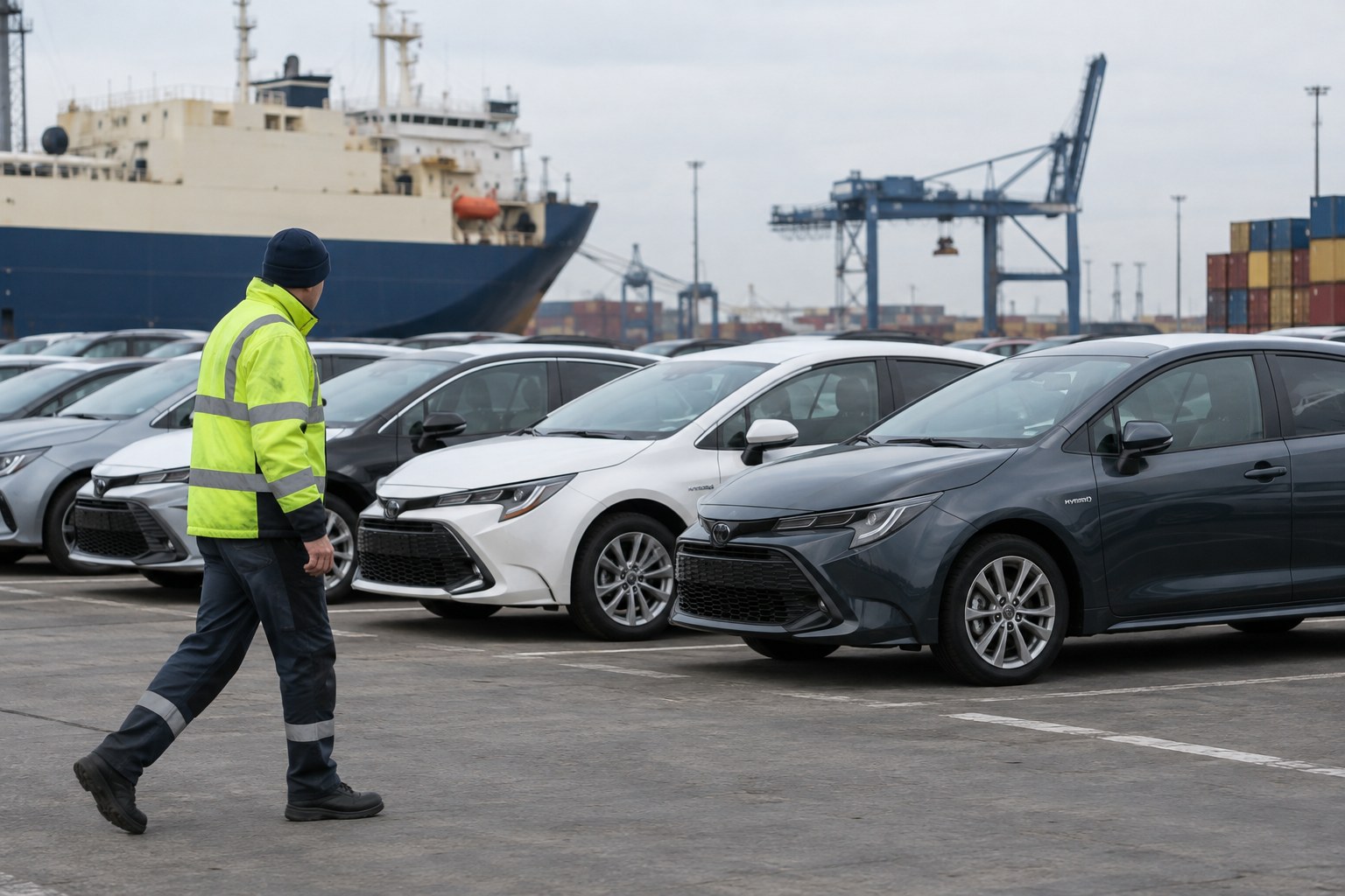 Hybridfahrzeuge stehen auf einer Hafenfläche.