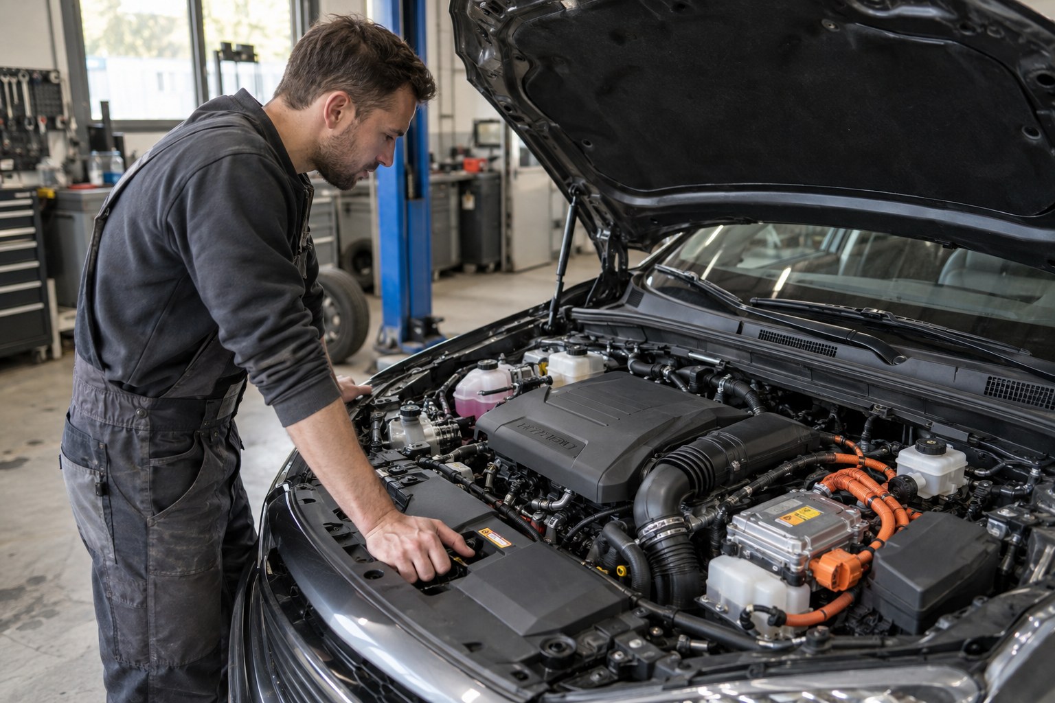 Ein Mechaniker betrachtet den Motorraum eines Hybridfahrzeugs.