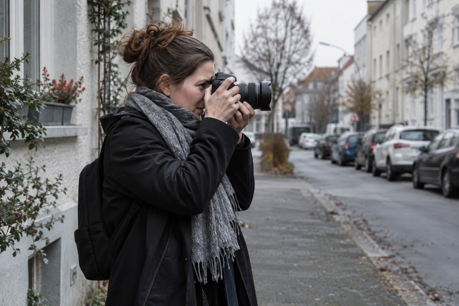 Eine Fotografin arbeitet mit einer Kamera auf einer Straße.