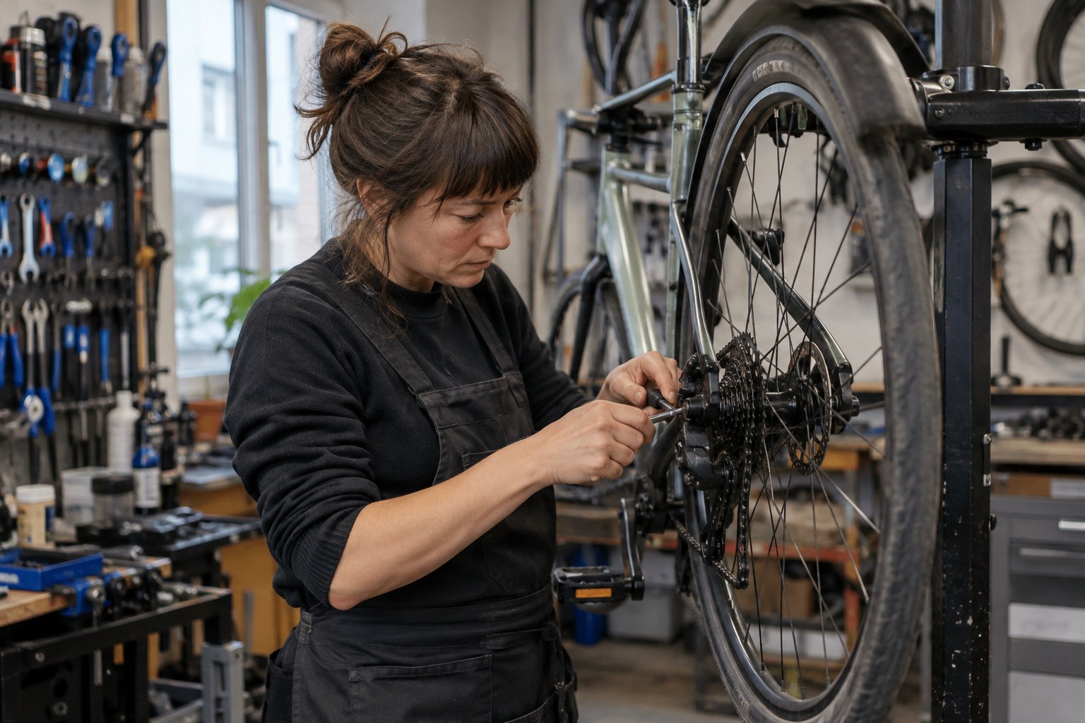 Eine Frau repariert ein Fahrrad in einer Werkstatt.