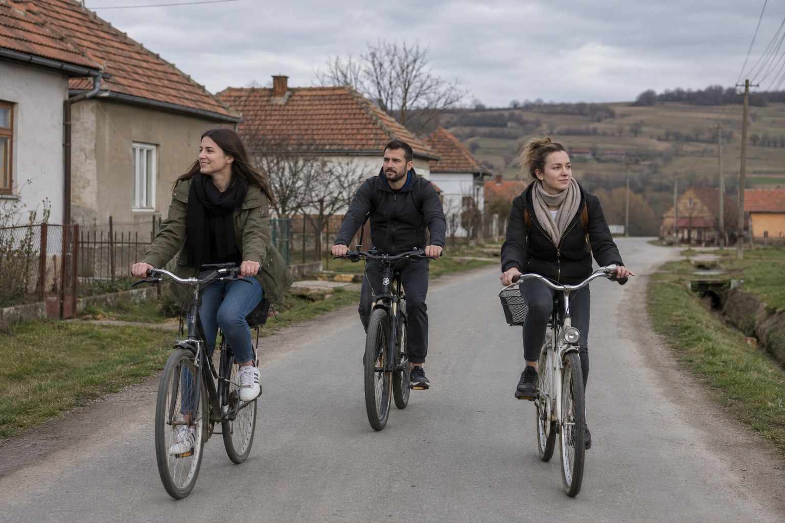 Junge Erwachsene fahren auf Alltagsrädern über eine Landstraße.