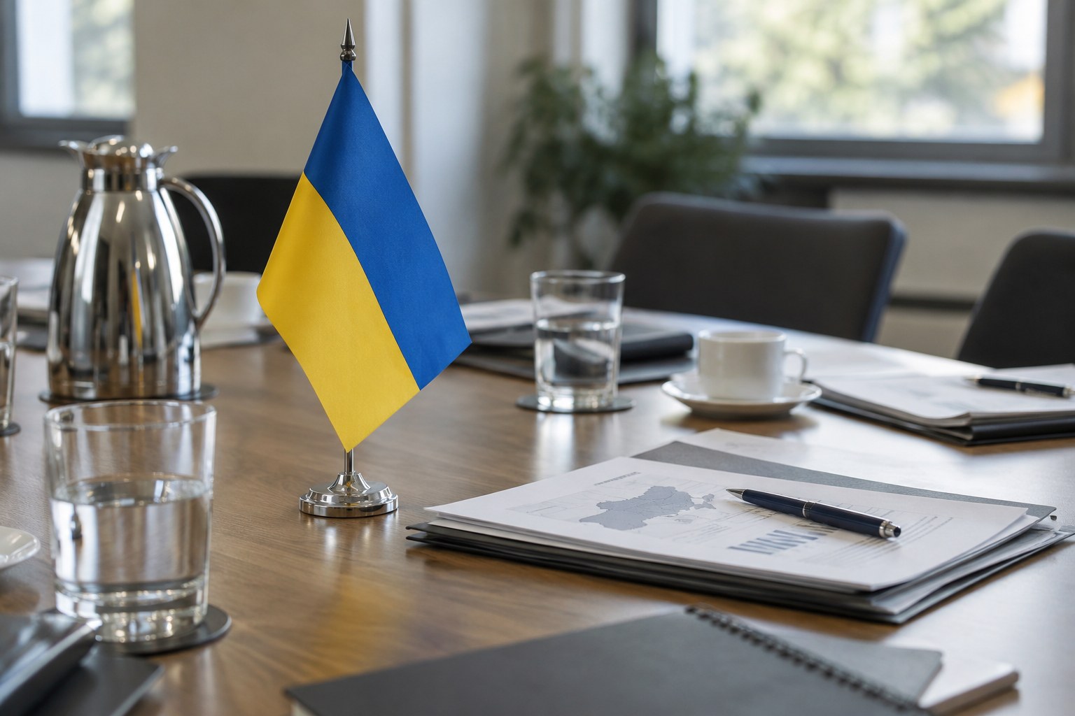 Eine ukrainische Flagge steht neben Gesprächsunterlagen.