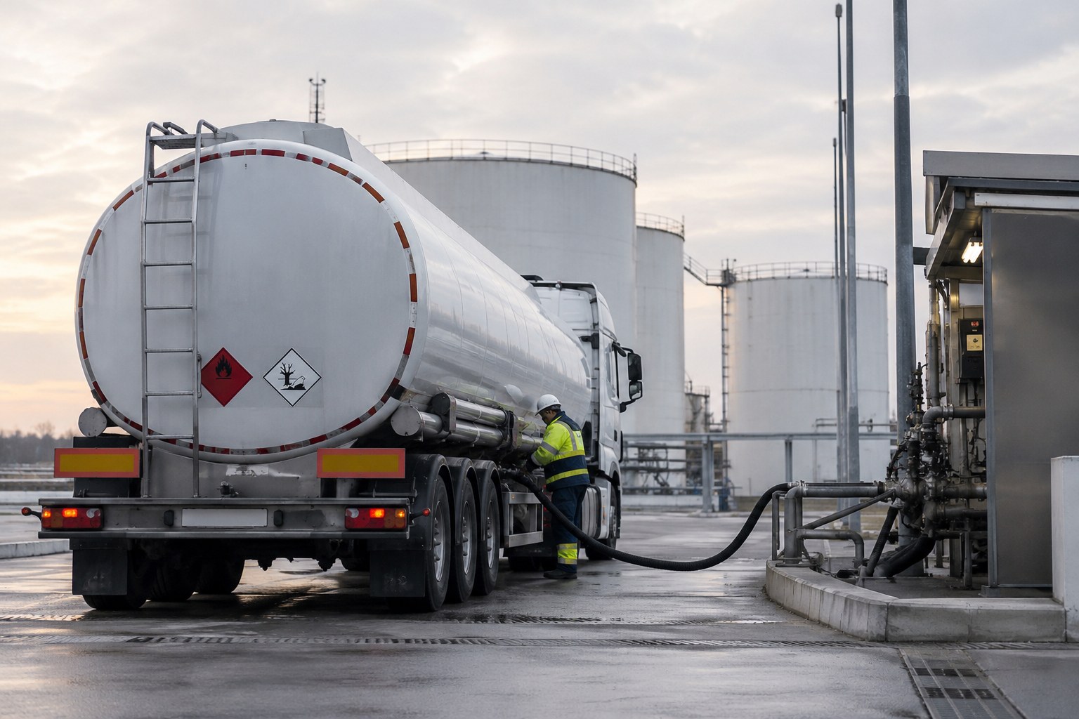 Ein Tanklastwagen steht an einer Treibstoffumschlagstation.