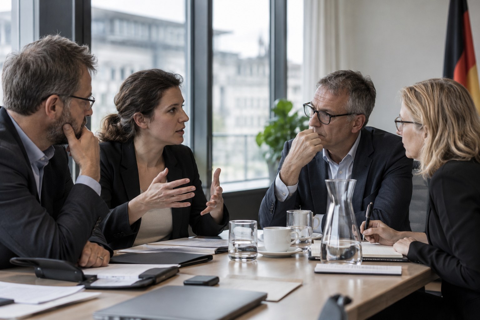 Teilnehmer diskutieren an einem Besprechungstisch.