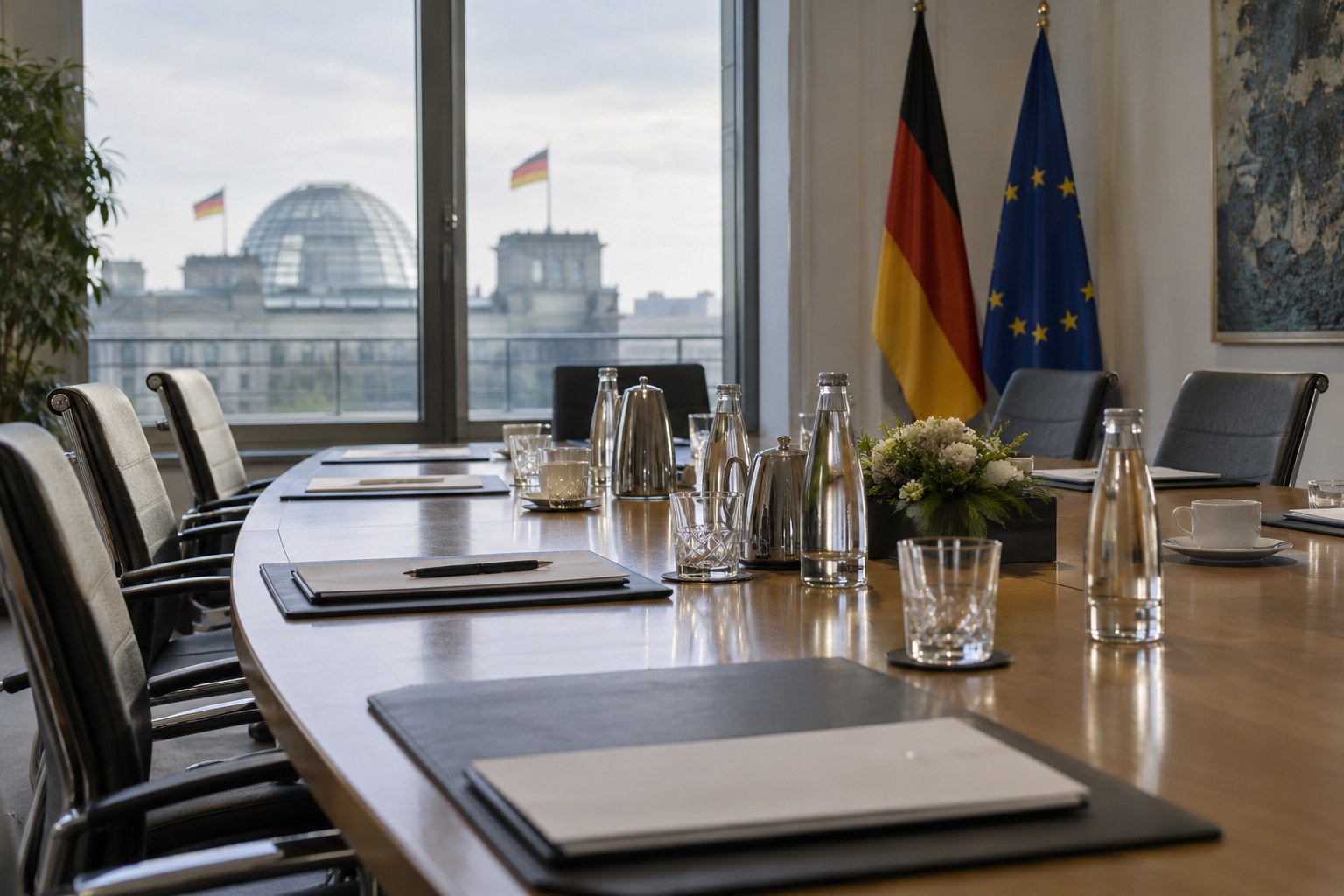 Leere Stühle und Notizblöcke stehen für eine Besprechung bereit.