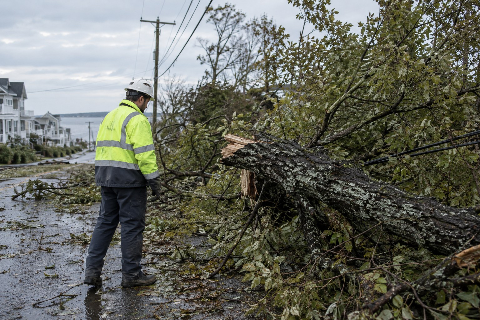 Ein Arbeiter untersucht einen umgestürzten Baum an einer Straße.