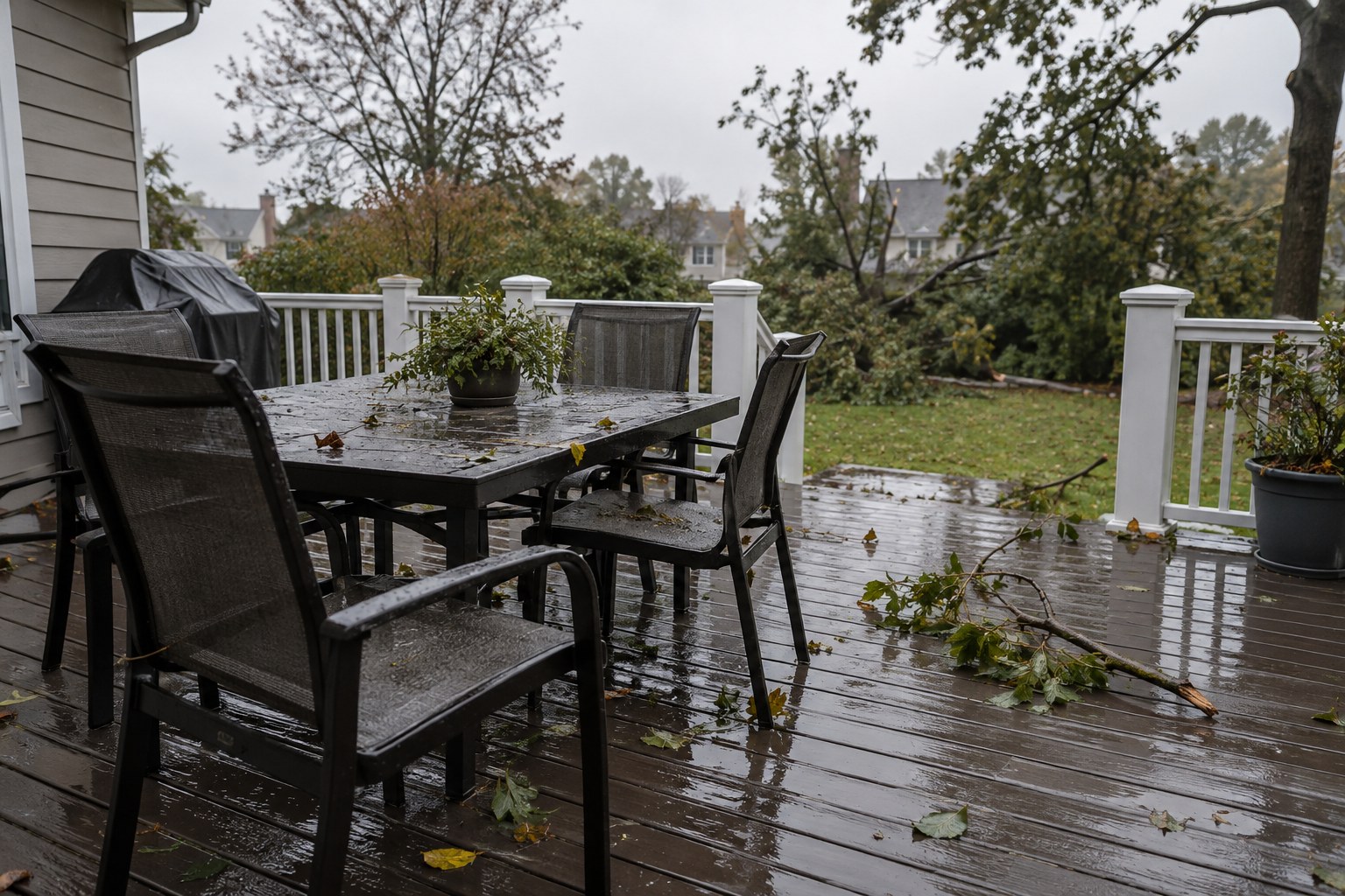 Nasse Gartenmöbel und herabgefallene Äste auf einer Terrasse.